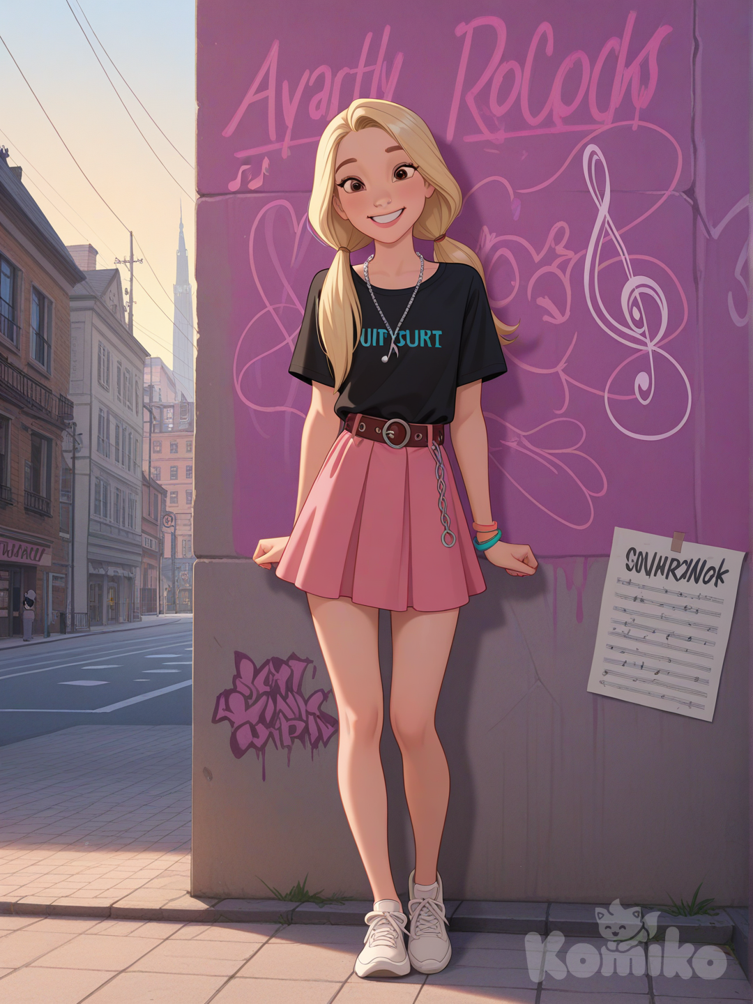 An ultra-detailed photograph shows a full-length athletic young woman de 25 años, hermosa, con un cuerpo realista. with long, vibrant blonde hair in pigtails. Her brown eyes radiate confidence with a radiant smile She wears a black avant-garde rock t-shirt with the word "Arcy" and a pink leather miniskirt, both adorned with multiple chains, pearl necklaces, bracelets, and a leather belt with a silver cross pendant. Her beaming smile and large, expressive eyes radiate joy against a graffiti-style wall with vibrant pink and orange spray-painted designs. Su cabello luce liso y bien definido, con suaves notas musicales y el nombre "Luis Arcy" flotando suavemente alrededor de sus pies reflejando su pasión por la música y el arte. and a vibrant rainbow-colored treble clef add a whimsical touch to the scene, illuminated by warm, bright lighting that gives the image an energetic, modern rock feel. The background features a bustling cityscape visible through a window behind her, adding depth and movement to the composition.