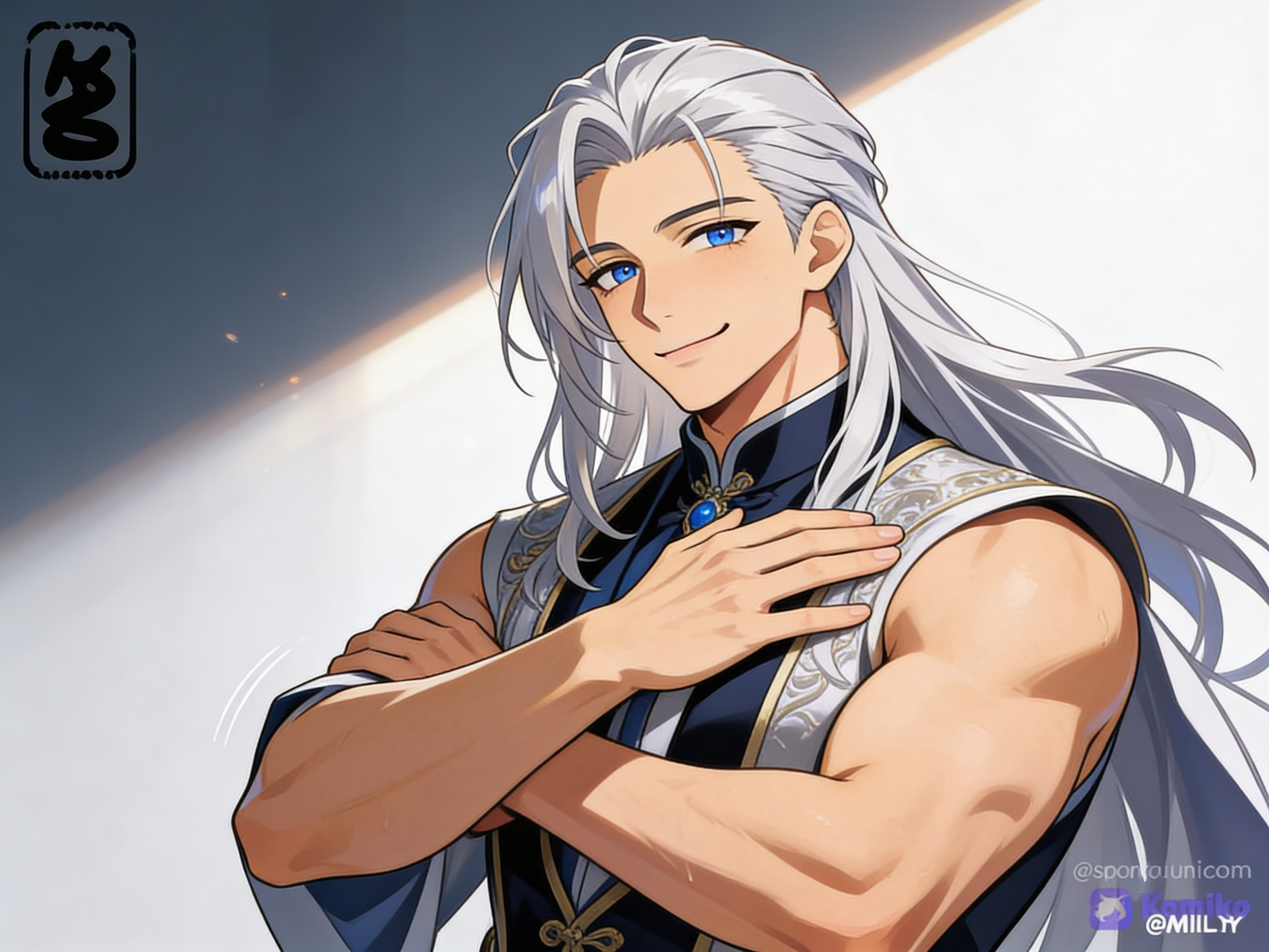 1boy, handsome face, long silver hair, muscular build, gentle smile, protective pose, blue eyes, elegant clothing, dynamic lighting, anime coloring, anime style