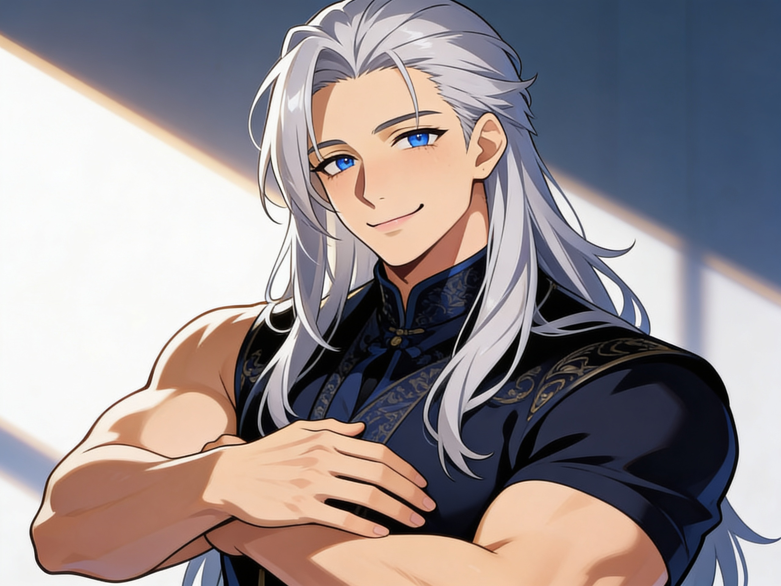 1boy, handsome face, long silver hair, muscular build, gentle smile, protective pose, blue eyes, elegant clothing, dynamic lighting, anime coloring, anime style