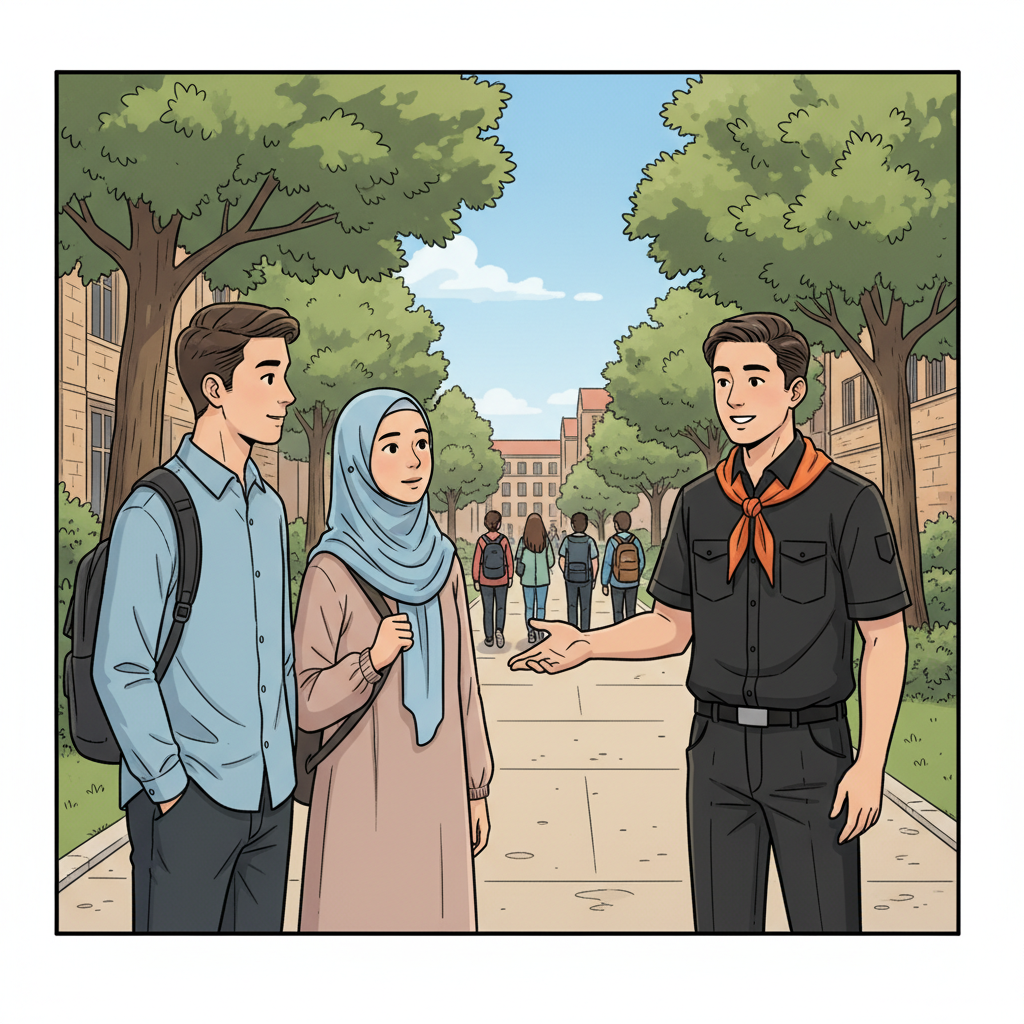 Buat 5 slide komik, This Is Mahapeka. Yang dimana ada 3 tokoh. Tokoh pertama pengurus mahapeka yang menggunakan atribut pdh hitam dan slayer oren yang mengikat di lehernya. Dan 2 orang lagi mahasiswa/i, mahasiswi nya berhijab. yang bertanya kepada pengurus terkait apa itu mahapeka. Dialog pertanyaannya
1. Apa itu mahapeka? 2. Organisasi apa itu mahapeka
3. Tujuan mahapeka
4. Didirikannya mahapeka
5. Eksistensi mahapeka Jawabannya
1. Mahasiswa pencinta kelestariaan alam
2. Organisasi internal kampus UIN SGD Bandung dibawah naungan kemahasiswaan, dan juga UKM (Unit Kegiatan Mahasiswa) pertama di UIN SGD Bandung dan kalau dulu namanya IAIN. 3. Berangkat dari keresahan para dewan pendiri, yang melihat gersangnya lingkungan kampus dan juga minim ruang terbuka hijaunya. Nah dari situ didirikanlah mahapeka, lalu melakukan kegiatan penanaman. 4. Didirikan 7 Maret 1984
5. Mahapeka eksis di konservasi lingkungan, penelitian, pengabdian, kebencanaan, outdoor activity. Buatkan gambar komiknya yang bagus ukuran 4:5 ### 🟩 **Panel 1 — Apa itu Mahapeka** **Layout:** * **Bubble kiri atas:** “Eh, itu yang berseragam hitam siapa?”
* **Bubble kanan atas:** “Kayaknya anggota Mahapeka deh. Tapi… apa itu Mahapeka?”
* **Bubble tengah bawah (lebih besar):** “Mahapeka itu *Mahasiswa Pencinta Kelestarian Alam!* 🌿”
* **Narasi kecil pojok bawah kiri:** “Cerita ini dimulai dari rasa penasaran di kampus UIN Bandung…” 🧭 **Catatan desain:** Gunakan warna bubble putih dengan garis hitam tipis. Font rekomendasi: *CC Wild Words* atau *Comic Neue*. --- ### 🟩 **Panel 2 — Organisasi apa itu Mahapeka** **Layout:** * **Bubble kiri atas:** “Organisasi apa sih Mahapeka?”
* **Bubble kanan tengah:** “Kami organisasi internal kampus UIN SGD Bandung, UKM pertama di sini — dulu namanya IAIN.”
* **Narasi bawah kanan:** “Dari kampus, untuk alam 🌳” 🧭 **Catatan desain:** Gunakan background dengan nuansa hijau kampus, bubble condong ke arah karakter yang bicara. --- ### 🟩 **Panel 3 — Tujuan Mahapeka** **Layout:** * **Bubble kiri tengah:** “Tujuannya keren juga ya. Tapi awalnya dari mana?”
* **Bubble kanan bawah (besar, ekspresif):** “Dulu kampus gersang banget. Pendiri Mahapeka resah... akhirnya kami mulai menanam dan menghijaukan!” 🌱
* **Narasi kecil bawah tengah:** “Satu bibit, satu harapan hijau 🍃” 🧭 **Catatan desain:** Tambahkan efek split scene (kiri kering, kanan hijau). Gunakan warna bubble agak transparan agar lanskap tetap terlihat. --- ### 🟩 **Panel 4 — Didirikannya Mahapeka** **Layout:** * **Bubble kiri atas:** “Kapan sih Mahapeka berdiri?”
* **Bubble kanan bawah:** “Sejak 7 Maret 1984! Udah lebih dari empat dekade kita bergerak.”
* **Narasi kecil bawah kanan:** “Dari 1984 sampai sekarang — semangatnya tetap hijau 🌎” 🧭 **Catatan desain:** Tambahkan teks “7 MARET 1984” besar di papan/latar belakang (bukan bubble). --- ### 🟩 **Panel 5 — Eksistensi Mahapeka** **Layout:** * **Bubble kiri atas:** “Sekarang Mahapeka ngapain aja?”
* **Bubble kanan tengah:** “Kami aktif di konservasi, penelitian, pengabdian, kebencanaan, dan aktivitas outdoor!” 💪
* **Tulisan besar bawah tengah (tagline):** “Mahapeka — Cinta Alam, Lestari Bersama! 🌿”
* **Narasi pojok bawah kanan:** “Dari kampus, menebar cinta alam tanpa batas 🌾”