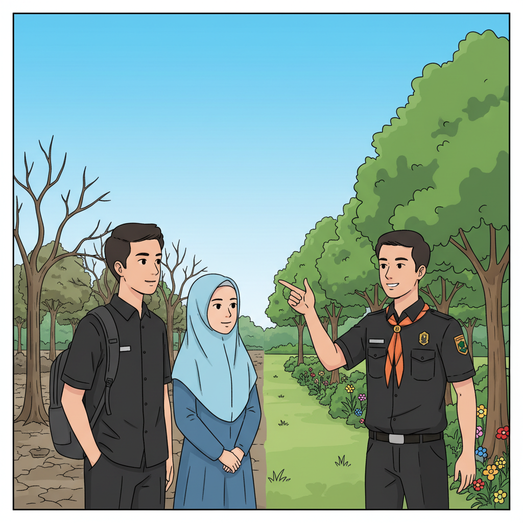 Buat 5 slide komik, This Is Mahapeka. Yang dimana ada 3 tokoh. Tokoh pertama pengurus mahapeka yang menggunakan atribut pdh hitam dan slayer oren yang mengikat di lehernya. Dan 2 orang lagi mahasiswa/i, mahasiswi nya berhijab. yang bertanya kepada pengurus terkait apa itu mahapeka. Dialog pertanyaannya
1. Apa itu mahapeka? 2. Organisasi apa itu mahapeka
3. Tujuan mahapeka
4. Didirikannya mahapeka
5. Eksistensi mahapeka Jawabannya
1. Mahasiswa pencinta kelestariaan alam
2. Organisasi internal kampus UIN SGD Bandung dibawah naungan kemahasiswaan, dan juga UKM (Unit Kegiatan Mahasiswa) pertama di UIN SGD Bandung dan kalau dulu namanya IAIN. 3. Berangkat dari keresahan para dewan pendiri, yang melihat gersangnya lingkungan kampus dan juga minim ruang terbuka hijaunya. Nah dari situ didirikanlah mahapeka, lalu melakukan kegiatan penanaman. 4. Didirikan 7 Maret 1984
5. Mahapeka eksis di konservasi lingkungan, penelitian, pengabdian, kebencanaan, outdoor activity. Buatkan gambar komiknya yang bagus ukuran 4:5 ### 🟩 **Panel 1 — Apa itu Mahapeka** **Layout:** * **Bubble kiri atas:** “Eh, itu yang berseragam hitam siapa?”
* **Bubble kanan atas:** “Kayaknya anggota Mahapeka deh. Tapi… apa itu Mahapeka?”
* **Bubble tengah bawah (lebih besar):** “Mahapeka itu *Mahasiswa Pencinta Kelestarian Alam!* 🌿”
* **Narasi kecil pojok bawah kiri:** “Cerita ini dimulai dari rasa penasaran di kampus UIN Bandung…” 🧭 **Catatan desain:** Gunakan warna bubble putih dengan garis hitam tipis. Font rekomendasi: *CC Wild Words* atau *Comic Neue*. --- ### 🟩 **Panel 2 — Organisasi apa itu Mahapeka** **Layout:** * **Bubble kiri atas:** “Organisasi apa sih Mahapeka?”
* **Bubble kanan tengah:** “Kami organisasi internal kampus UIN SGD Bandung, UKM pertama di sini — dulu namanya IAIN.”
* **Narasi bawah kanan:** “Dari kampus, untuk alam 🌳” 🧭 **Catatan desain:** Gunakan background dengan nuansa hijau kampus, bubble condong ke arah karakter yang bicara. --- ### 🟩 **Panel 3 — Tujuan Mahapeka** **Layout:** * **Bubble kiri tengah:** “Tujuannya keren juga ya. Tapi awalnya dari mana?”
* **Bubble kanan bawah (besar, ekspresif):** “Dulu kampus gersang banget. Pendiri Mahapeka resah... akhirnya kami mulai menanam dan menghijaukan!” 🌱
* **Narasi kecil bawah tengah:** “Satu bibit, satu harapan hijau 🍃” 🧭 **Catatan desain:** Tambahkan efek split scene (kiri kering, kanan hijau). Gunakan warna bubble agak transparan agar lanskap tetap terlihat. --- ### 🟩 **Panel 4 — Didirikannya Mahapeka** **Layout:** * **Bubble kiri atas:** “Kapan sih Mahapeka berdiri?”
* **Bubble kanan bawah:** “Sejak 7 Maret 1984! Udah lebih dari empat dekade kita bergerak.”
* **Narasi kecil bawah kanan:** “Dari 1984 sampai sekarang — semangatnya tetap hijau 🌎” 🧭 **Catatan desain:** Tambahkan teks “7 MARET 1984” besar di papan/latar belakang (bukan bubble). --- ### 🟩 **Panel 5 — Eksistensi Mahapeka** **Layout:** * **Bubble kiri atas:** “Sekarang Mahapeka ngapain aja?”
* **Bubble kanan tengah:** “Kami aktif di konservasi, penelitian, pengabdian, kebencanaan, dan aktivitas outdoor!” 💪
* **Tulisan besar bawah tengah (tagline):** “Mahapeka — Cinta Alam, Lestari Bersama! 🌿”
* **Narasi pojok bawah kanan:** “Dari kampus, menebar cinta alam tanpa batas 🌾”