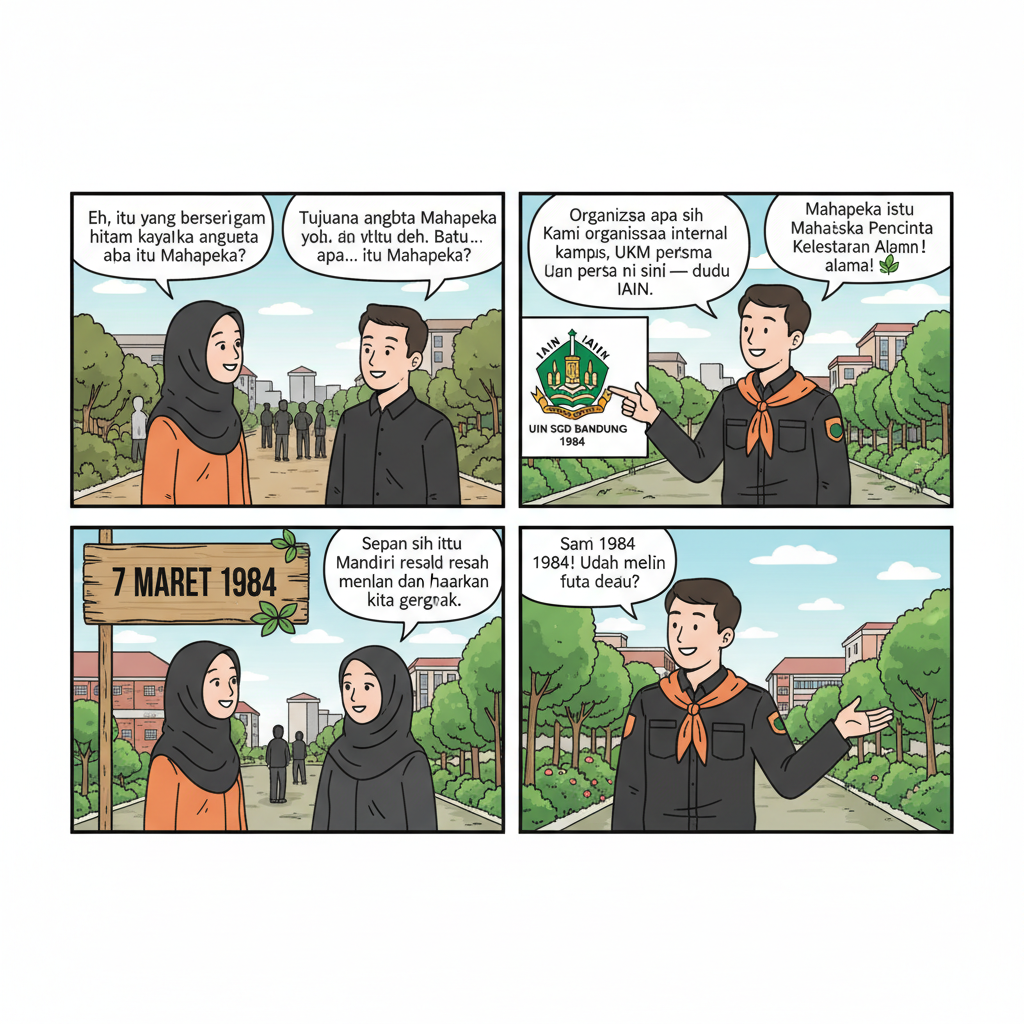 Buat 5 slide komik, This Is Mahapeka. Yang dimana ada 3 tokoh. Tokoh pertama pengurus mahapeka yang menggunakan atribut pdh hitam dan slayer oren yang mengikat di lehernya. Dan 2 orang lagi mahasiswa/i, mahasiswi nya berhijab. yang bertanya kepada pengurus terkait apa itu mahapeka. Dialog pertanyaannya
1. Apa itu mahapeka? 2. Organisasi apa itu mahapeka
3. Tujuan mahapeka
4. Didirikannya mahapeka
5. Eksistensi mahapeka Jawabannya
1. Mahasiswa pencinta kelestariaan alam
2. Organisasi internal kampus UIN SGD Bandung dibawah naungan kemahasiswaan, dan juga UKM (Unit Kegiatan Mahasiswa) pertama di UIN SGD Bandung dan kalau dulu namanya IAIN. 3. Berangkat dari keresahan para dewan pendiri, yang melihat gersangnya lingkungan kampus dan juga minim ruang terbuka hijaunya. Nah dari situ didirikanlah mahapeka, lalu melakukan kegiatan penanaman. 4. Didirikan 7 Maret 1984
5. Mahapeka eksis di konservasi lingkungan, penelitian, pengabdian, kebencanaan, outdoor activity. Buatkan gambar komiknya yang bagus ukuran 4:5 ### 🟩 **Panel 1 — Apa itu Mahapeka** **Layout:** * **Bubble kiri atas:** “Eh, itu yang berseragam hitam siapa?”
* **Bubble kanan atas:** “Kayaknya anggota Mahapeka deh. Tapi… apa itu Mahapeka?”
* **Bubble tengah bawah (lebih besar):** “Mahapeka itu *Mahasiswa Pencinta Kelestarian Alam!* 🌿”
* **Narasi kecil pojok bawah kiri:** “Cerita ini dimulai dari rasa penasaran di kampus UIN Bandung…” 🧭 **Catatan desain:** Gunakan warna bubble putih dengan garis hitam tipis. Font rekomendasi: *CC Wild Words* atau *Comic Neue*. --- ### 🟩 **Panel 2 — Organisasi apa itu Mahapeka** **Layout:** * **Bubble kiri atas:** “Organisasi apa sih Mahapeka?”
* **Bubble kanan tengah:** “Kami organisasi internal kampus UIN SGD Bandung, UKM pertama di sini — dulu namanya IAIN.”
* **Narasi bawah kanan:** “Dari kampus, untuk alam 🌳” 🧭 **Catatan desain:** Gunakan background dengan nuansa hijau kampus, bubble condong ke arah karakter yang bicara. --- ### 🟩 **Panel 3 — Tujuan Mahapeka** **Layout:** * **Bubble kiri tengah:** “Tujuannya keren juga ya. Tapi awalnya dari mana?”
* **Bubble kanan bawah (besar, ekspresif):** “Dulu kampus gersang banget. Pendiri Mahapeka resah... akhirnya kami mulai menanam dan menghijaukan!” 🌱
* **Narasi kecil bawah tengah:** “Satu bibit, satu harapan hijau 🍃” 🧭 **Catatan desain:** Tambahkan efek split scene (kiri kering, kanan hijau). Gunakan warna bubble agak transparan agar lanskap tetap terlihat. --- ### 🟩 **Panel 4 — Didirikannya Mahapeka** **Layout:** * **Bubble kiri atas:** “Kapan sih Mahapeka berdiri?”
* **Bubble kanan bawah:** “Sejak 7 Maret 1984! Udah lebih dari empat dekade kita bergerak.”
* **Narasi kecil bawah kanan:** “Dari 1984 sampai sekarang — semangatnya tetap hijau 🌎” 🧭 **Catatan desain:** Tambahkan teks “7 MARET 1984” besar di papan/latar belakang (bukan bubble). --- ### 🟩 **Panel 5 — Eksistensi Mahapeka** **Layout:** * **Bubble kiri atas:** “Sekarang Mahapeka ngapain aja?”
* **Bubble kanan tengah:** “Kami aktif di konservasi, penelitian, pengabdian, kebencanaan, dan aktivitas outdoor!” 💪
* **Tulisan besar bawah tengah (tagline):** “Mahapeka — Cinta Alam, Lestari Bersama! 🌿”
* **Narasi pojok bawah kanan:** “Dari kampus, menebar cinta alam tanpa batas 🌾”