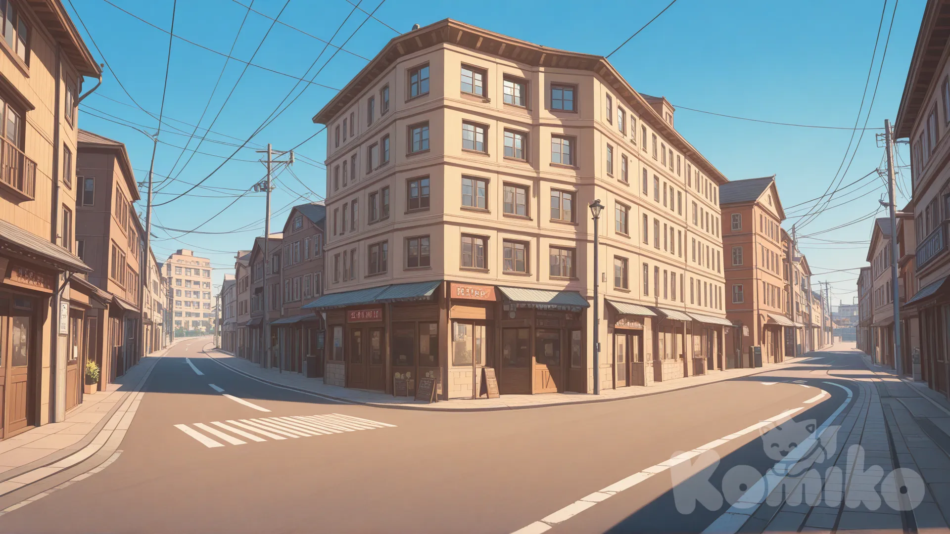 Clean anime-style, street background, soft Afternoon lighting, road on both sides, clear sky, simple details, perfect for a walking animation scene, road side front-view camera angle, high-quality, sharp, non-blurry.”