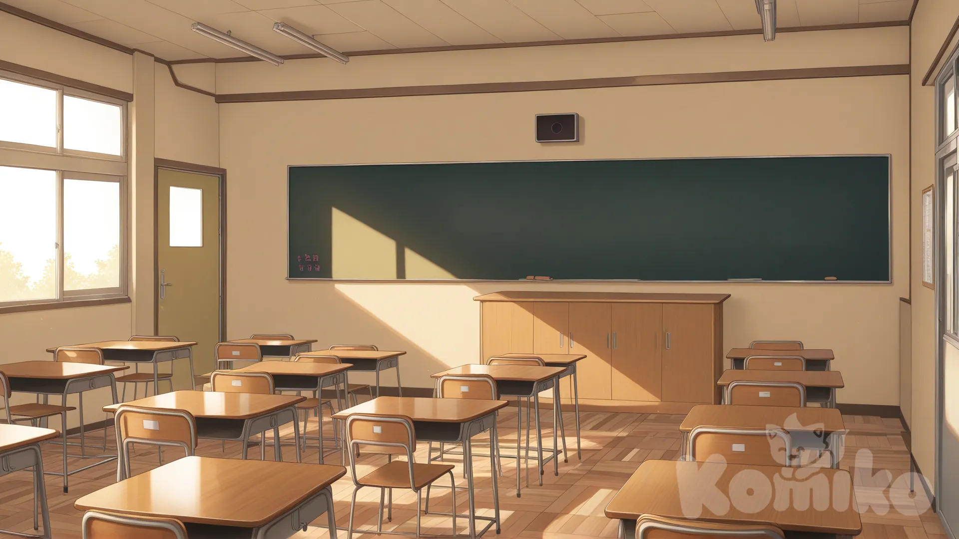 A class room, some student bench, a teacher table, a door, camera angle class room focus right side door, no blurry [ bright -anime-style]