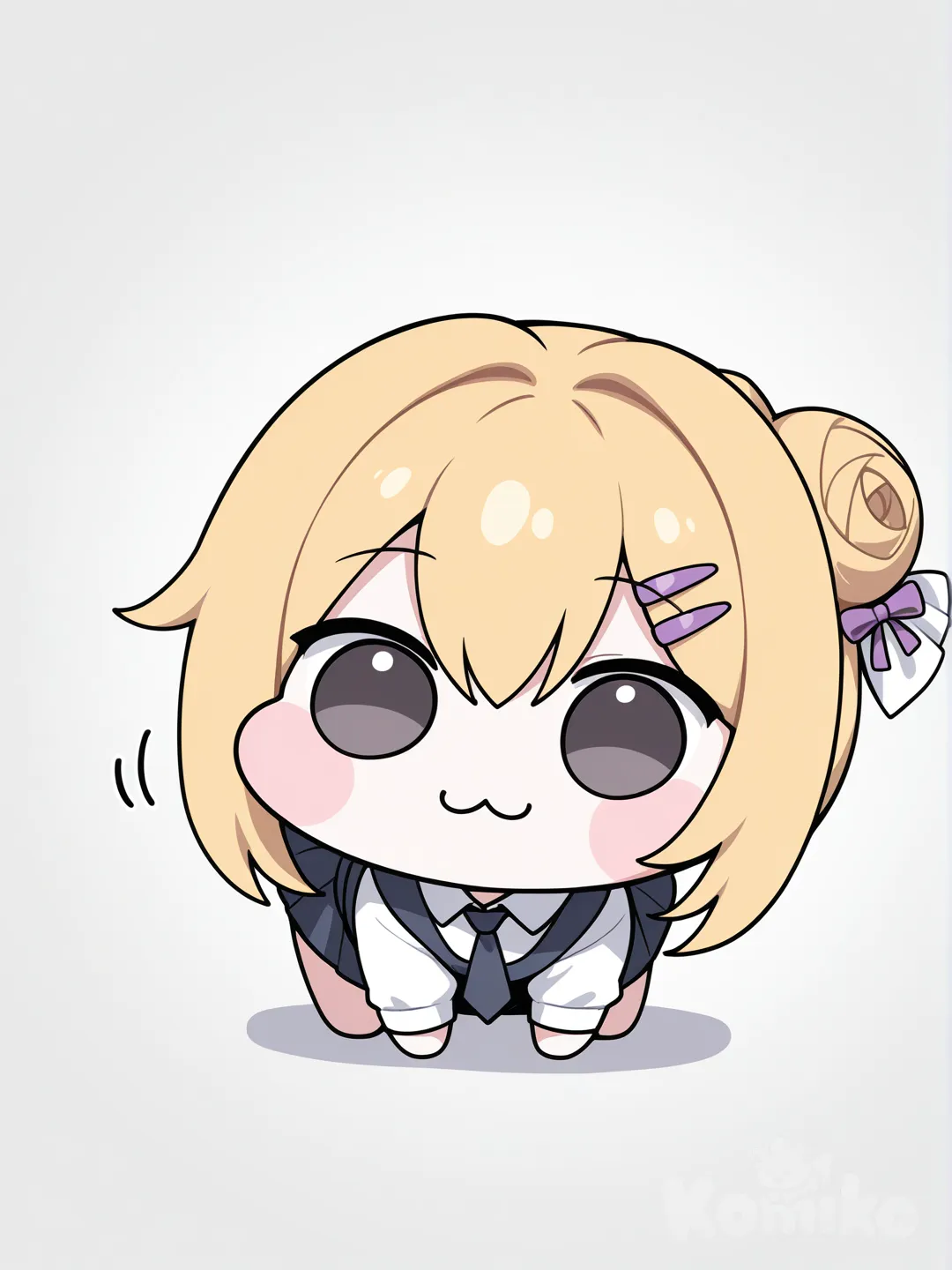 [doro-style], waving, school uniform, hairpin, tie, bow tie, blonde hair, charcoal black