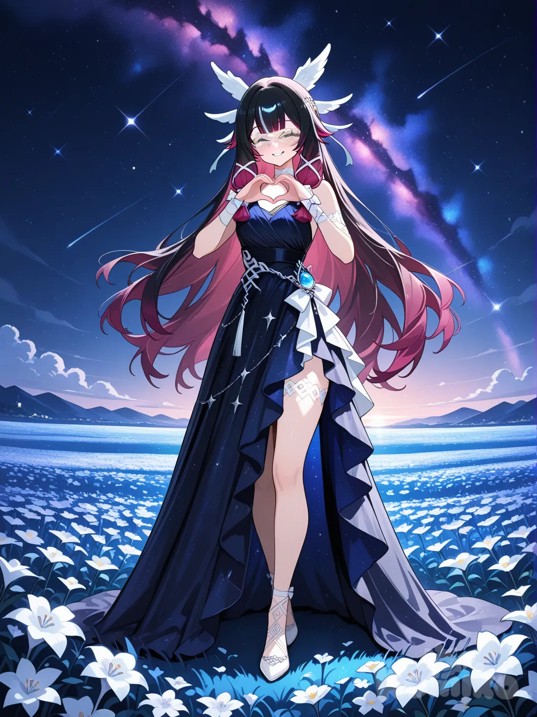 @Columbina_(Genshin_Impact), heart hands, evening dress, headband, glasses, full body, upper body, ambient light, flower field, starry sky, cosmic background