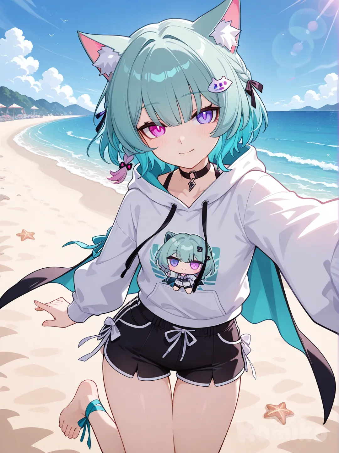 1girl, teal hair, short hair, cat ears, heterochromia, purple eyes, pink eyes, hair ornament, bare legs, barefoot, cape, white shirt, shorts, braid, hair ribbon, ankle ribbon, black shorts, thigh gap_(Honkai_Impact), selfie, smile, hoodie, beach shorts, upper body, cinematic lighting, blue sky