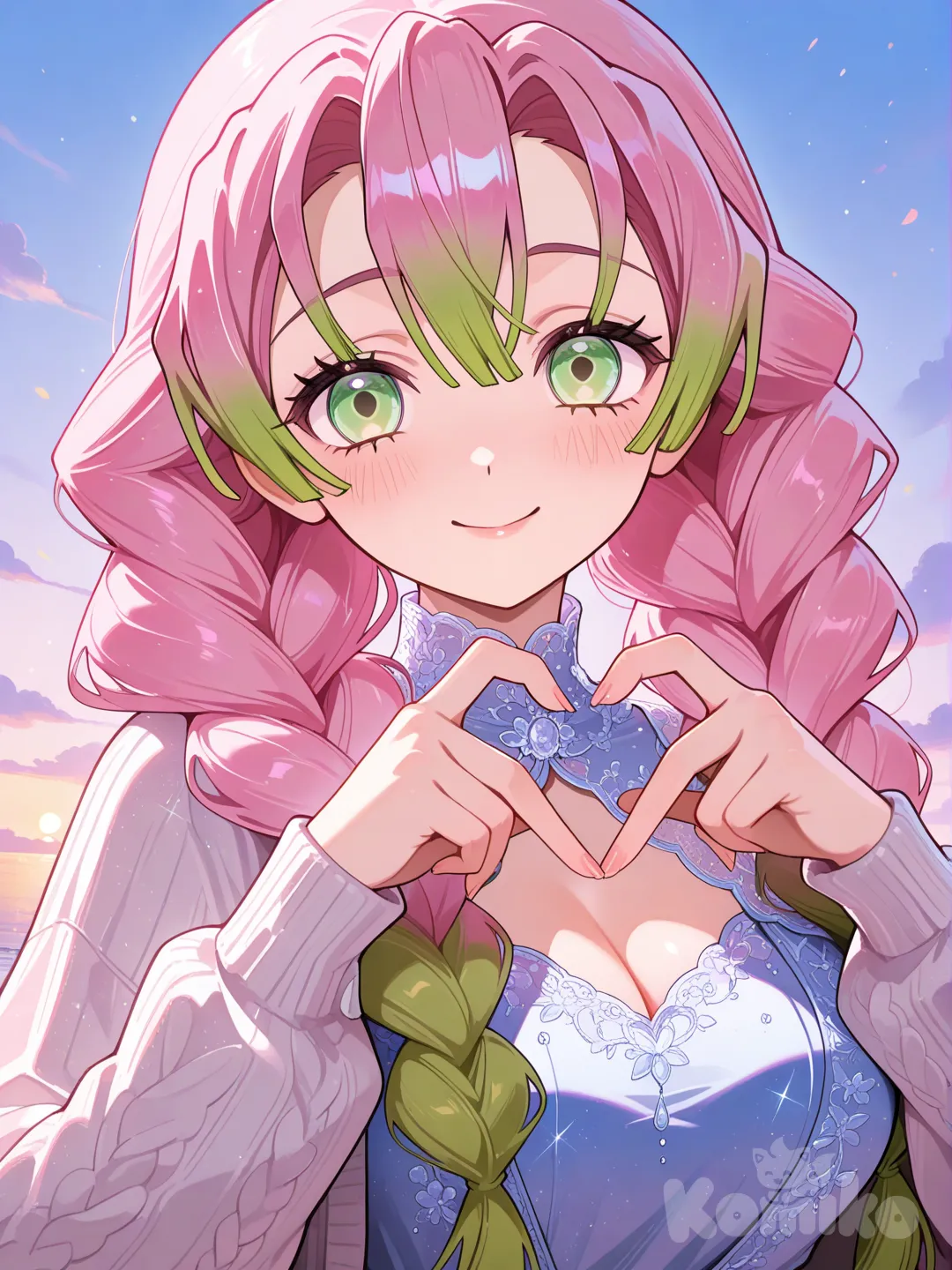 @Kanroji_Mitsuri, heart hands, smile, knitted cardigan, upper body, cinematic lighting, blue sky, evening dress