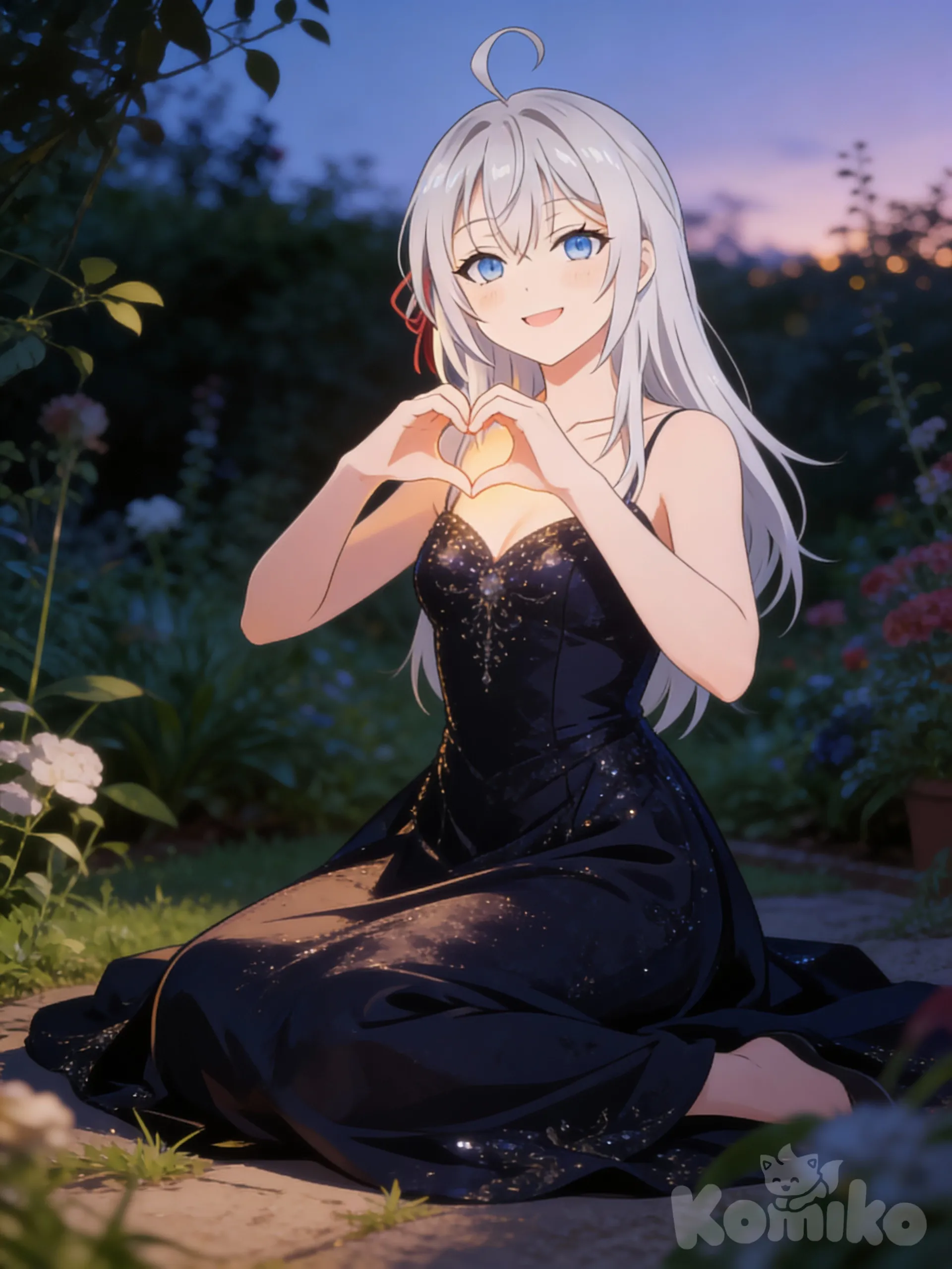 @Alisa_Mikhailovna_Kujou, sitting on the ground, heart hands, smile, evening dress, cinematic lighting, garden