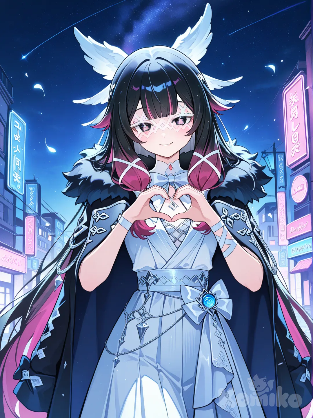 heart hands, smile, tuxedo, evening dress, hoodie, cinematic lighting, neon lights, leaves falling, starry sky, cosmic background, Columbina (Genshin Impact)