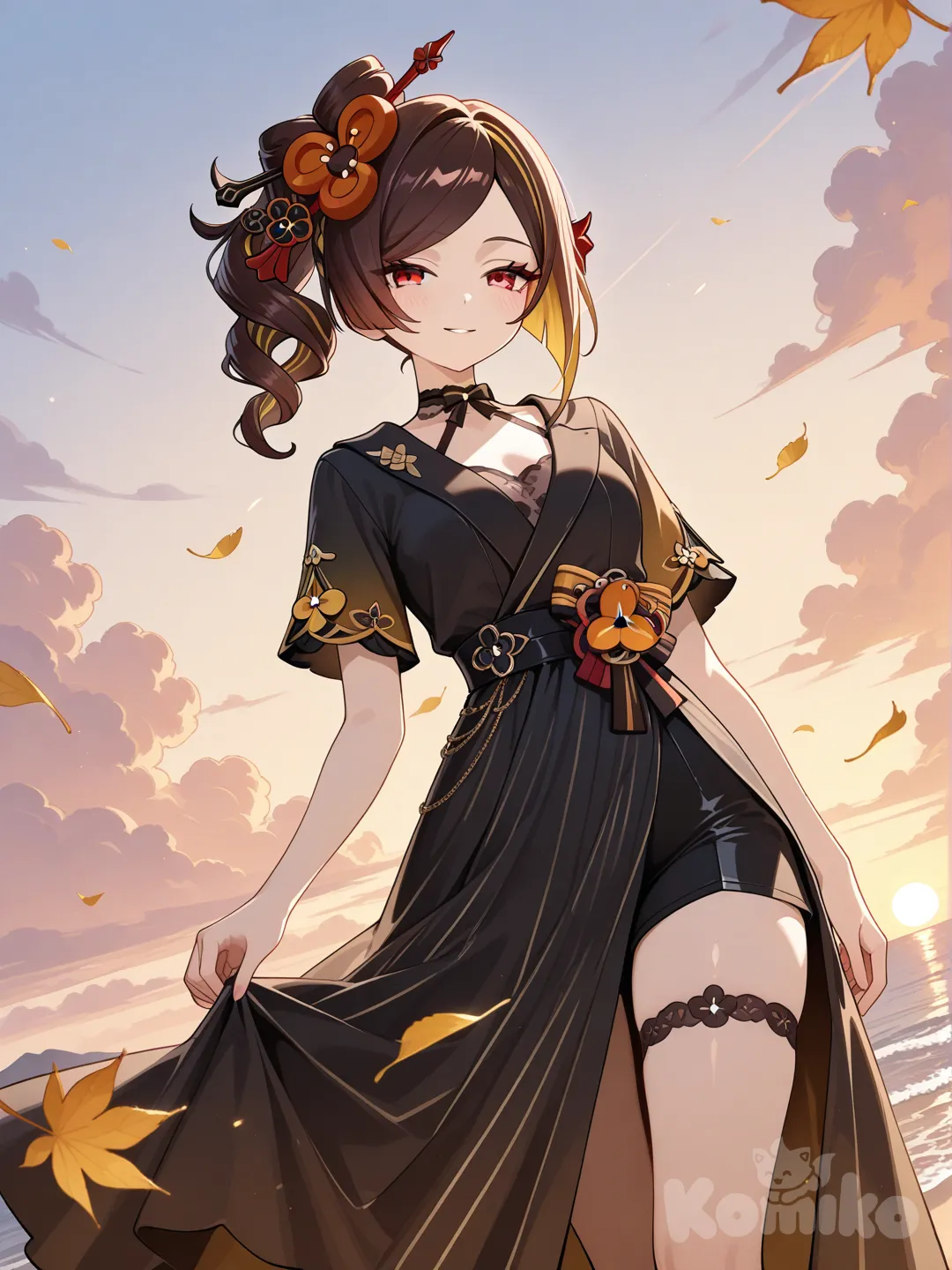 cinematic lighting, leaves falling, smile, Chiori (Genshin Impact), crown, tuxedo, little black dress, evening dress, suit, beach shorts, t-shirt