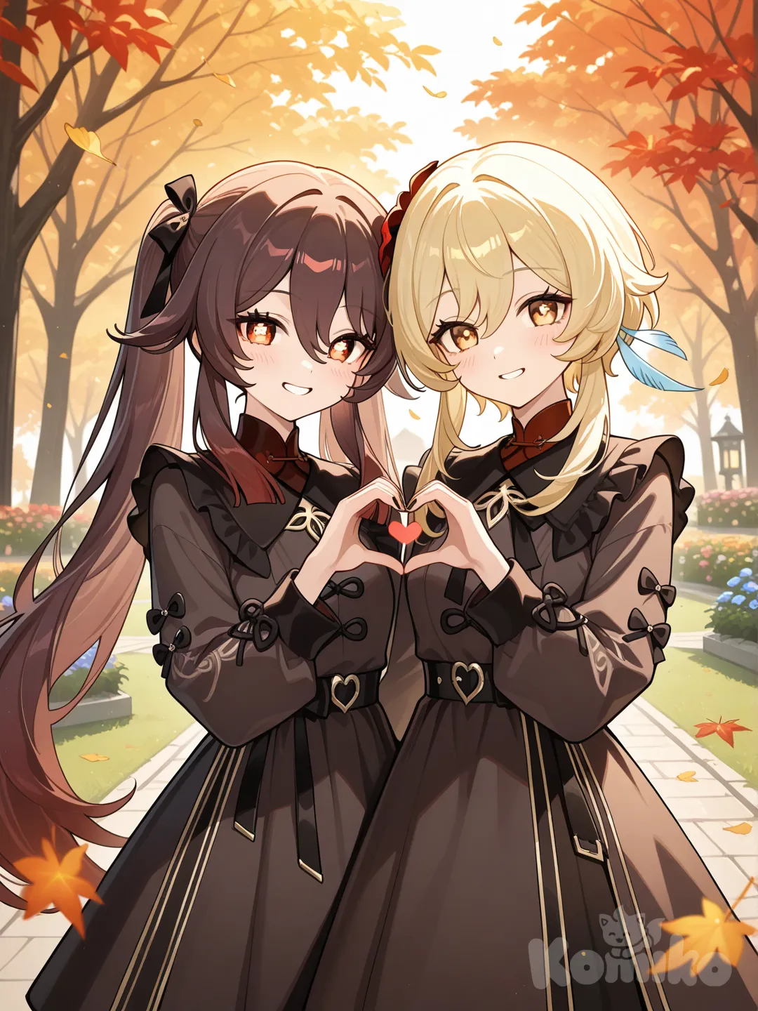 Hu Tao (Genshin Impact), Lumine (Genshin Impact), 2people, heart hands, smile, little black dress, cinematic lighting, garden, leaves falling