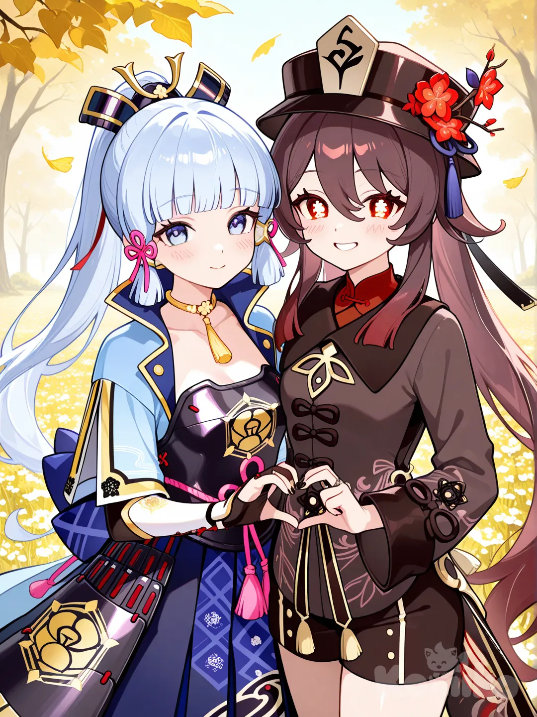 Kamisato_Ayaka, Hu_Tao_(Genshin_Impact), smile, flower field, leaves falling, little black dress, heart hands