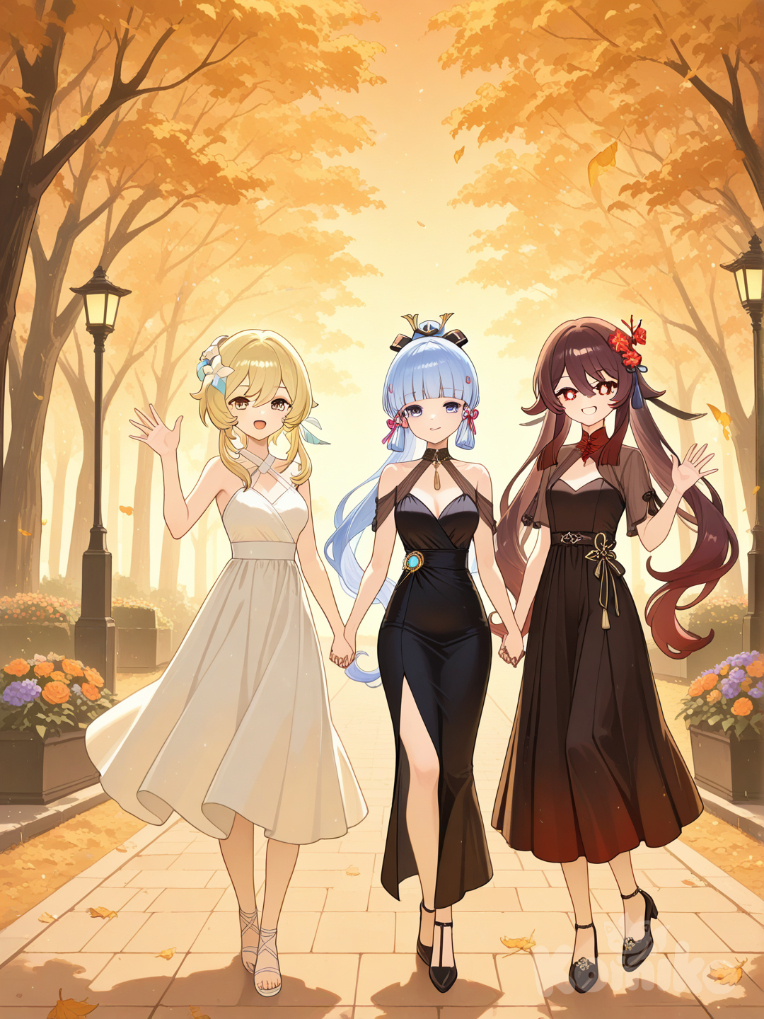@Kamisato_Ayaka, @Hu_Tao_(Genshin_Impact), @Lumine_(Genshin_Impact), waving, holding hands, smile, evening dress, cinematic lighting, leaves falling, garden