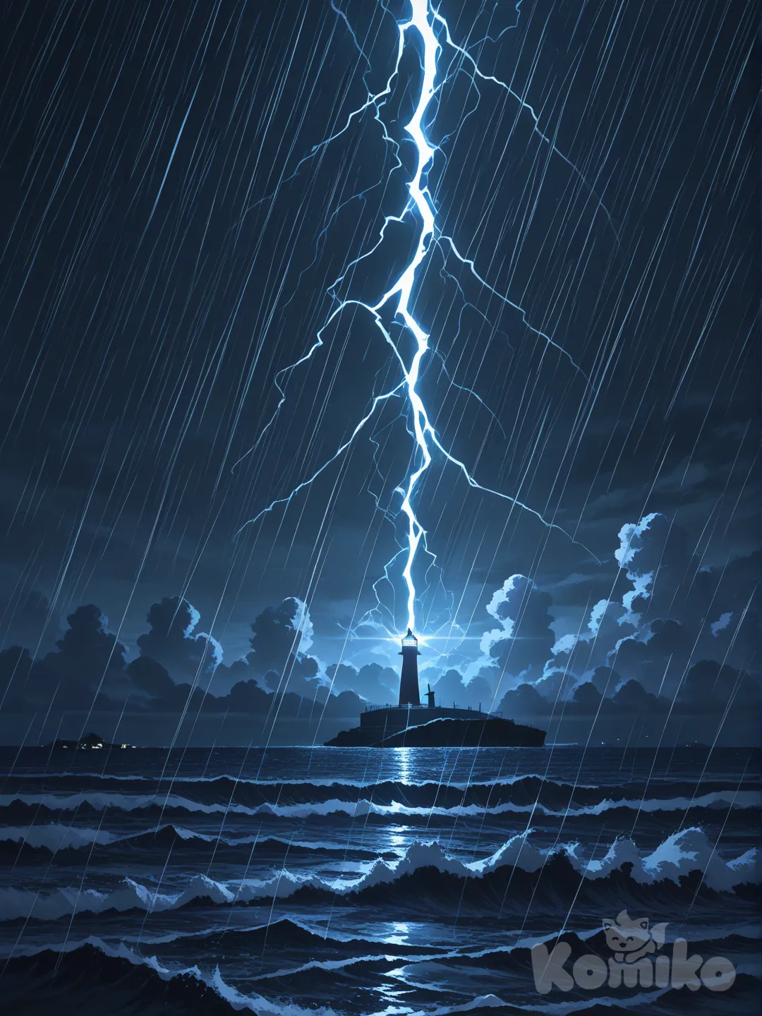 Lighthouse shinung bright during a stormy night
