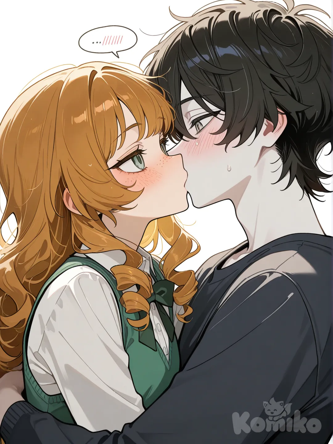 5’8 light ginger hair girl with green eyes freckles and she is white not tan kissing a 6’5 black curly hair with light brown ghost roots and grey hazel eyes and making him blush