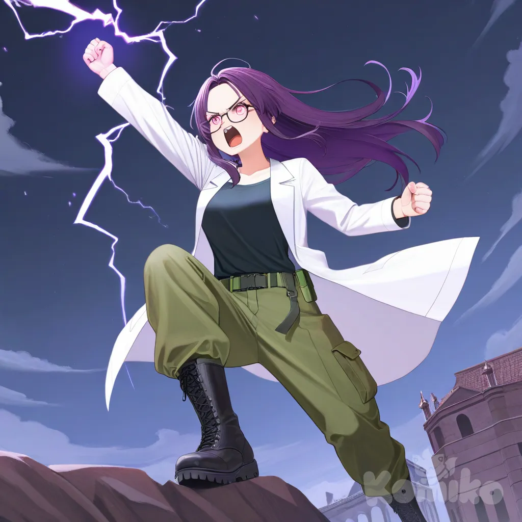1 chica, cabello largo y morado oscuro, ojos rosas, con bata de laboratorio, pantalones de cargo verde, botas militares negras, gafas, cayendo del cielo, apunto de dar un puñetazo, mientras de su puño salen rayos violetas y negros, con una mirada enojada