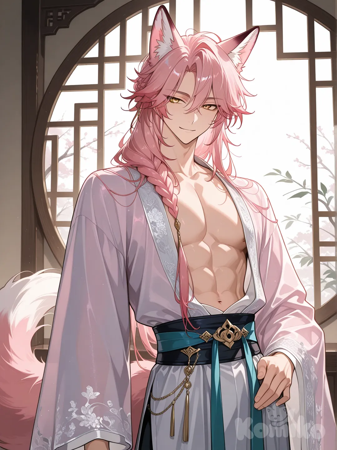 a boy with a lean toned body, he has golden eyes and he has long pink hair that is usually in a loose braid that goes from the nape of his neck to be draped over his shoulder so it rests on his chest, he has pink fox ears and a pink fox tail, he is a chinese courtesan, ambient light
