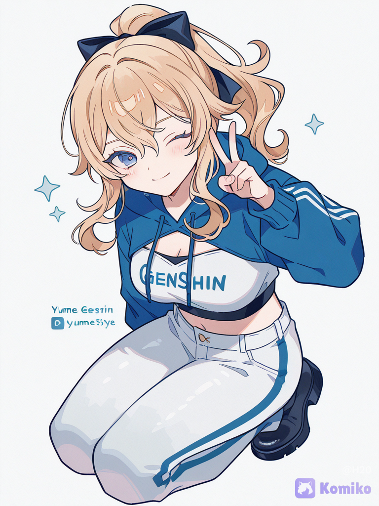 [cyber-candy-style], @Jean_(Genshin_Impact), 1girl, v sign, kneeling,blushing, one eye closed, crop hoodie, wide-leg pants, full body, white background
