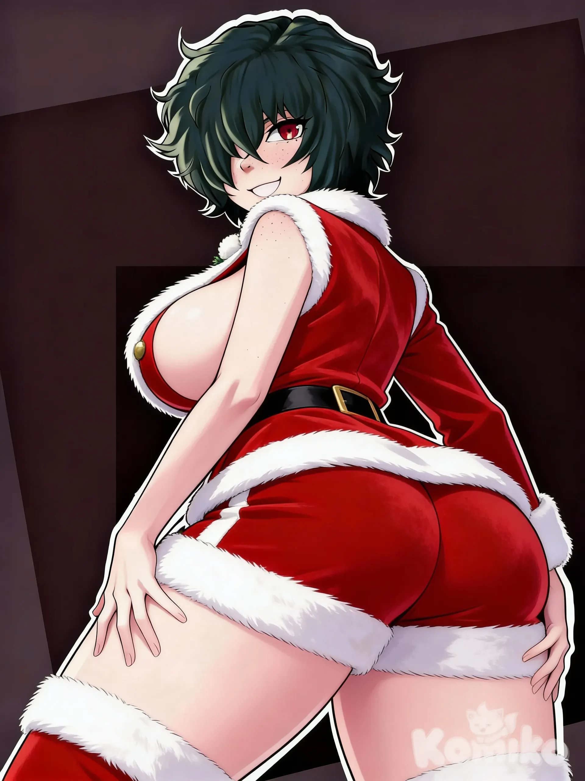 1girl, seductive pose, naked body, teasing smile, seductive expression, anime_style, green hair, ultra-showing, ass, naked ass, big ass, curvilinear body, fit body, spread ass, large breasts, ass focus, ass peek, christmas, suit christmas.