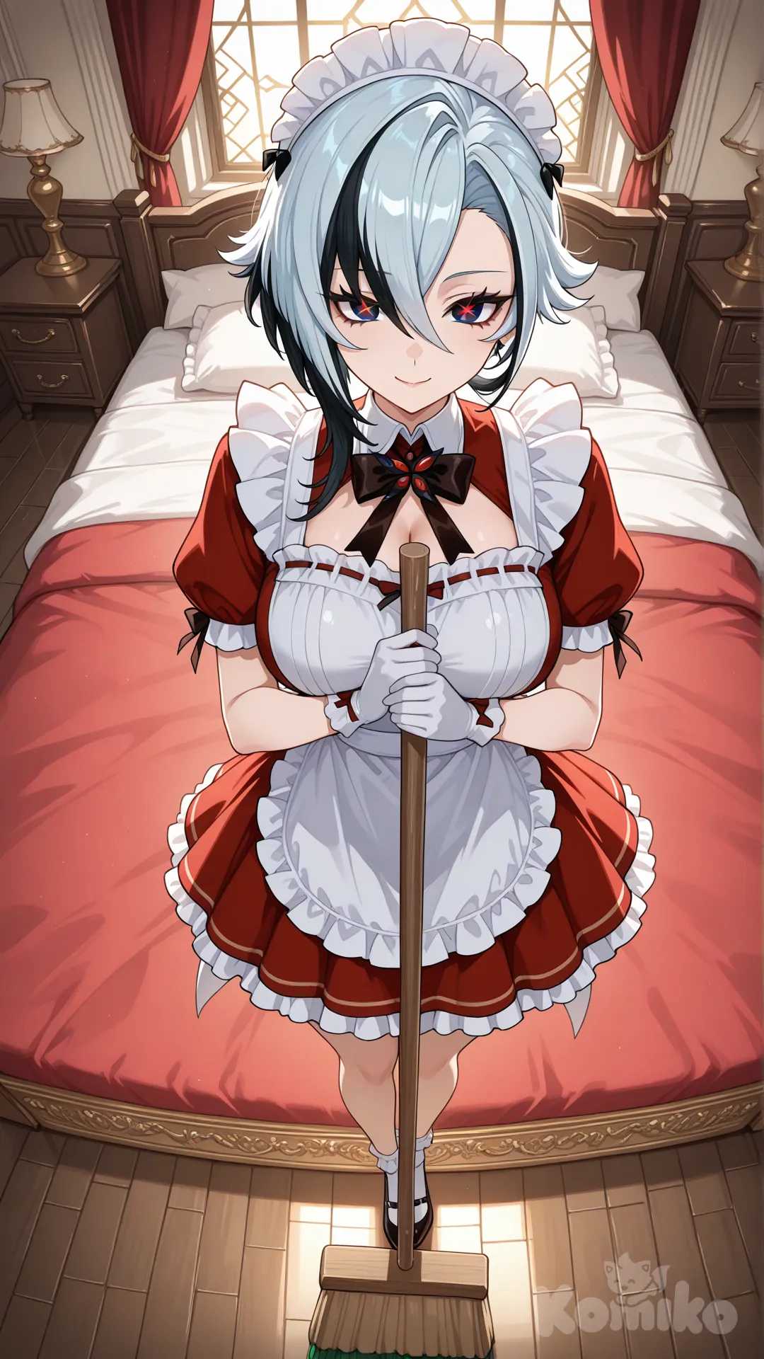 @Arlecchino_(Genshin_Impact)

#big sister style , good figure , 

#front view 

#looking at viewer #full body#, up view , #full body ,from above , day , funny , relaxed, anime style ,red maid uniform

# private bed room in mansion,It's a bedroom for two, featuring only a red bed and a soft, red interior, creating a relaxing and sensual atmosphere and hot. , Decorated with wooden furniture in a gold theme, sunlight streaming through the windows creates a warm atmosphere.

relax , sunnyday , in the bedroom , Clean, sweep the floor, with a cheerful demeanor.