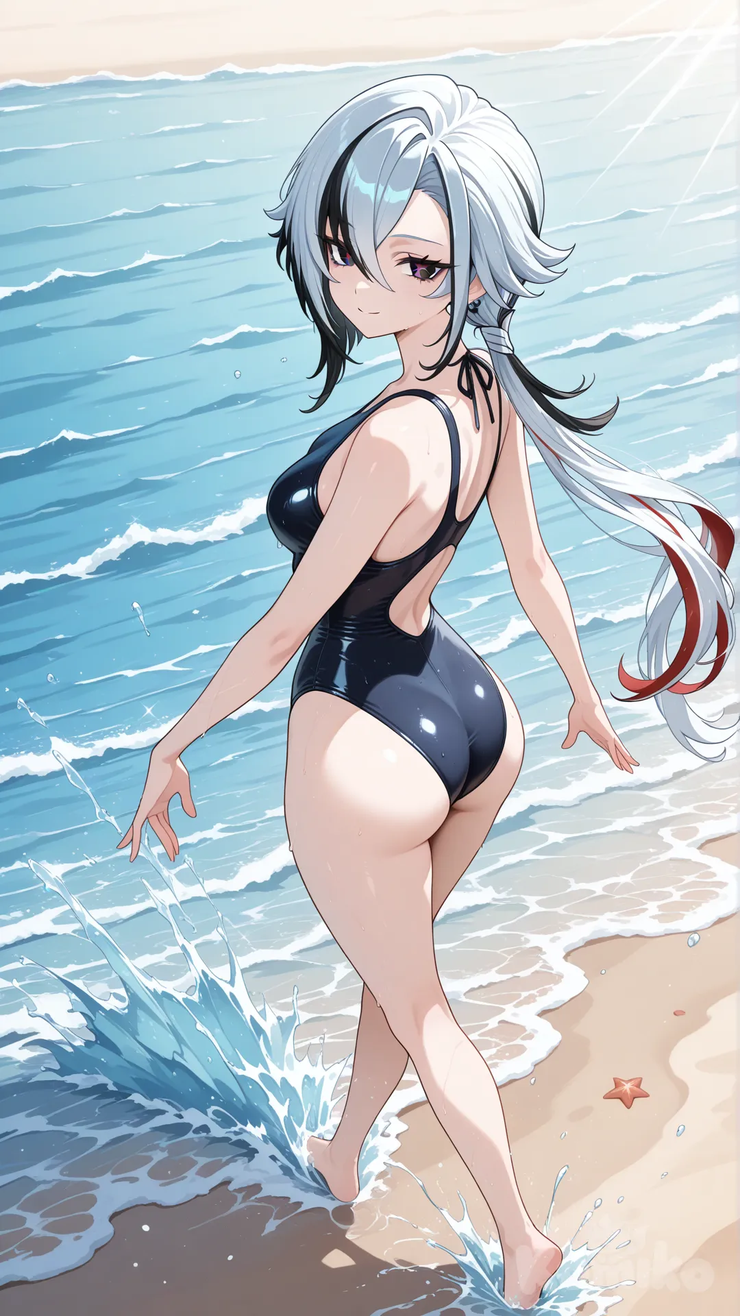 Arlecchino (Genshin Impact)

#big sister style , good figure , 

#side view 

 # upper body (Focus on the upper body, from the waist up.)

#looking at viewer #full body#, up view , #full body ,from above , day , funny , relaxed, anime style , 

#cool post

, black swimming suite onepiece

relax , Taking a stroll, play water on a beach , splash , in a sunnyday , in the beach , It has a view of the sea and beach as a backdrop