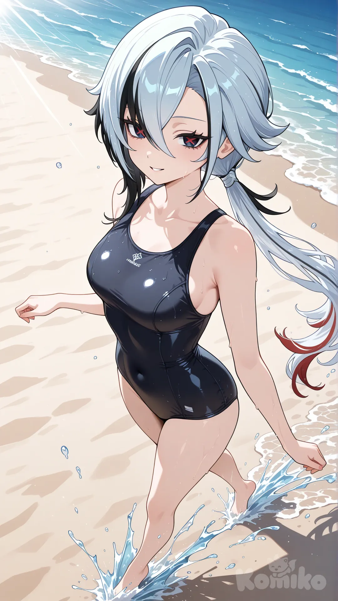 Arlecchino (Genshin Impact)

#big sister style , good figure , 

#side view 

 # upper body (Focus on the upper body, from the waist up.)

#looking at viewer #full body#, up view , #full body ,from above , day , funny , relaxed, anime style , 

#cool post

, black swimming suite onepiece

relax , Taking a stroll, play water on a beach , splash , in a sunnyday , in the beach , It has a view of the sea and beach as a backdrop
