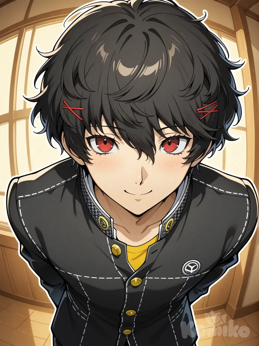 Japanese boy with curly black hair, red eyes, yasogami uniform from persona 4, smile, persona 4 style, arms behind back, leaning, hair pins, cute