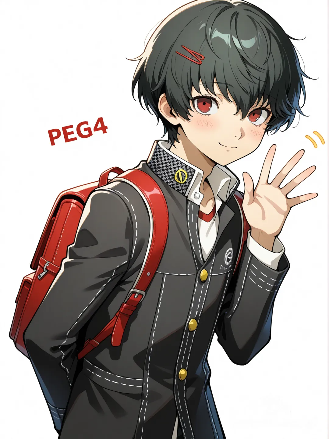 1boy, juuzou_suzuya, teen, messy black hair, light smile, red eyes, red hairpin, yasogami high uniform from persona, backpack, arm behind back, waving, blush, single character, looking at viewer, anime style, simple background, white background