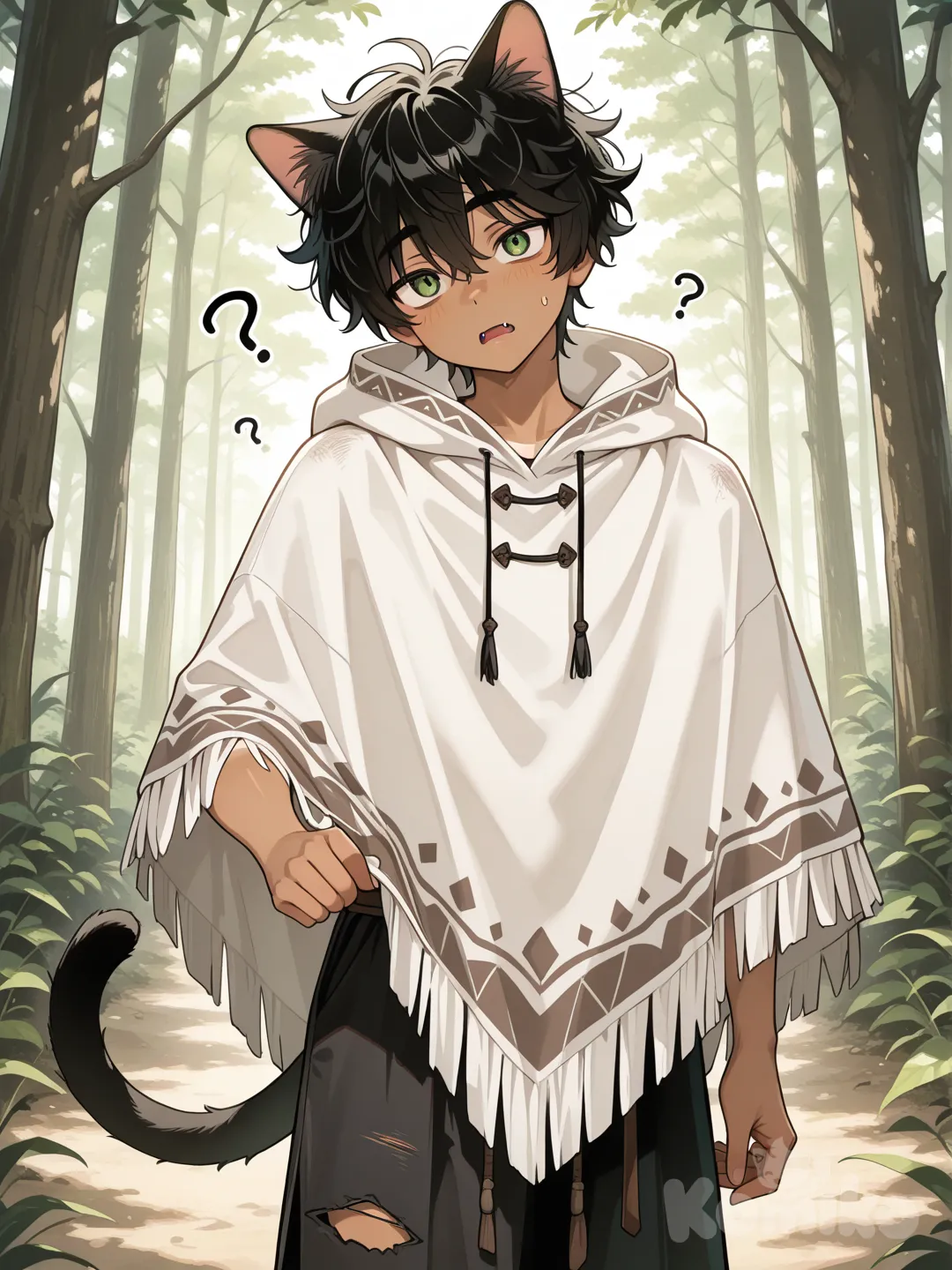 Japanese male, messy hair, black hair, cat ears, cat tail, white poncho, black torn pants, tan skin, green eyes, fangs, forest, confused, head tilt