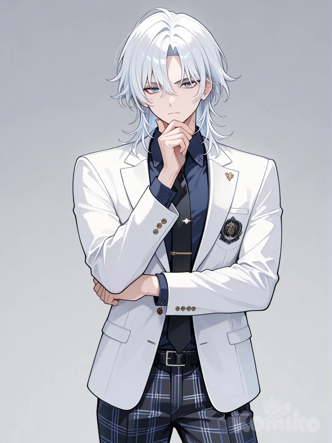 Japanese male, medium white hair, blue eyes, white blazer, black tie, black plaid pants, serious, grabbing own chin