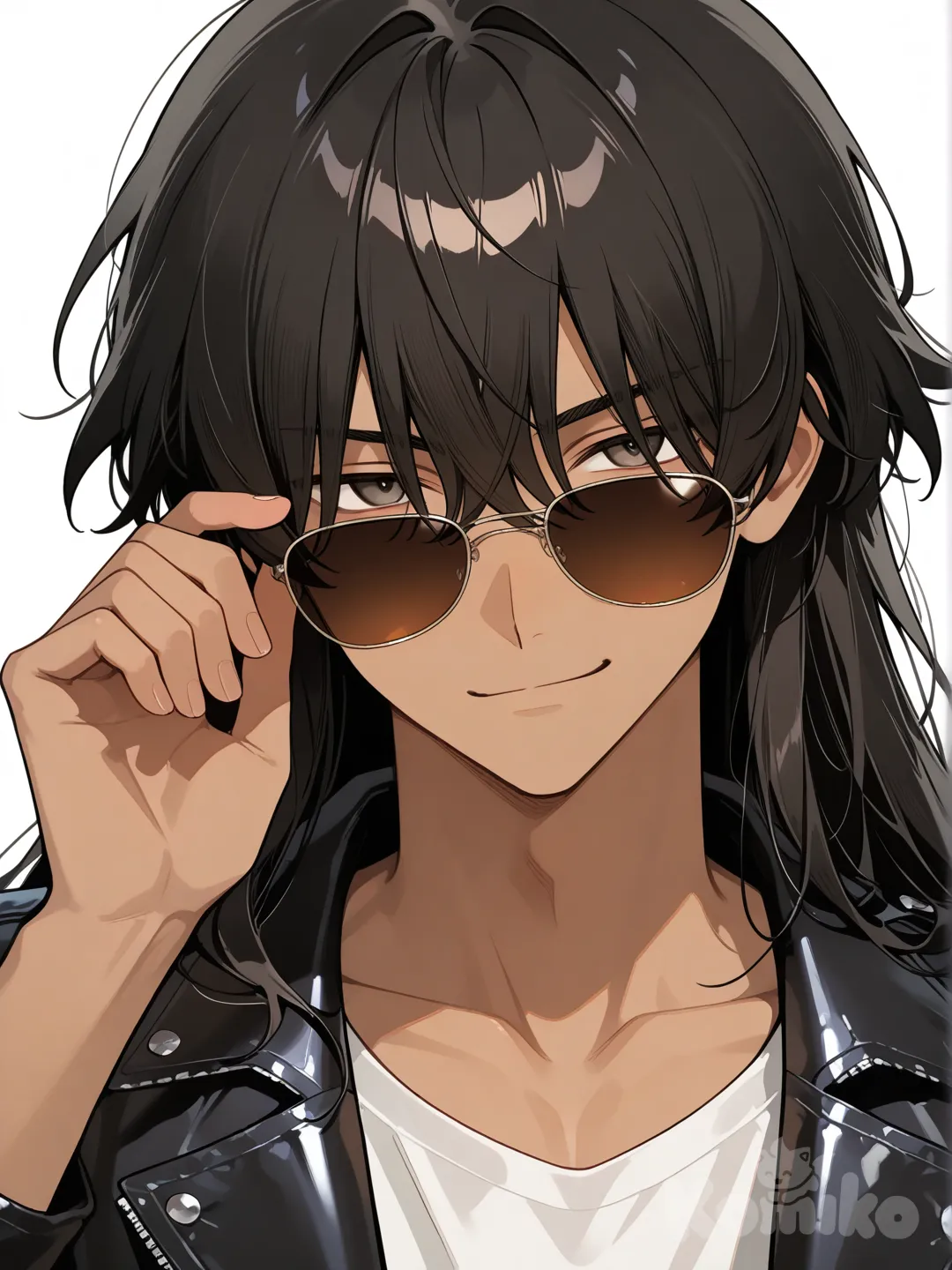 Male, long black hair, tan skin, shades, hazel eyes, long black biker jacket, white shirt, lowering glasses, serious, hair over eyes, grabbing glasses, smirk, looking at viewer, front profile photo