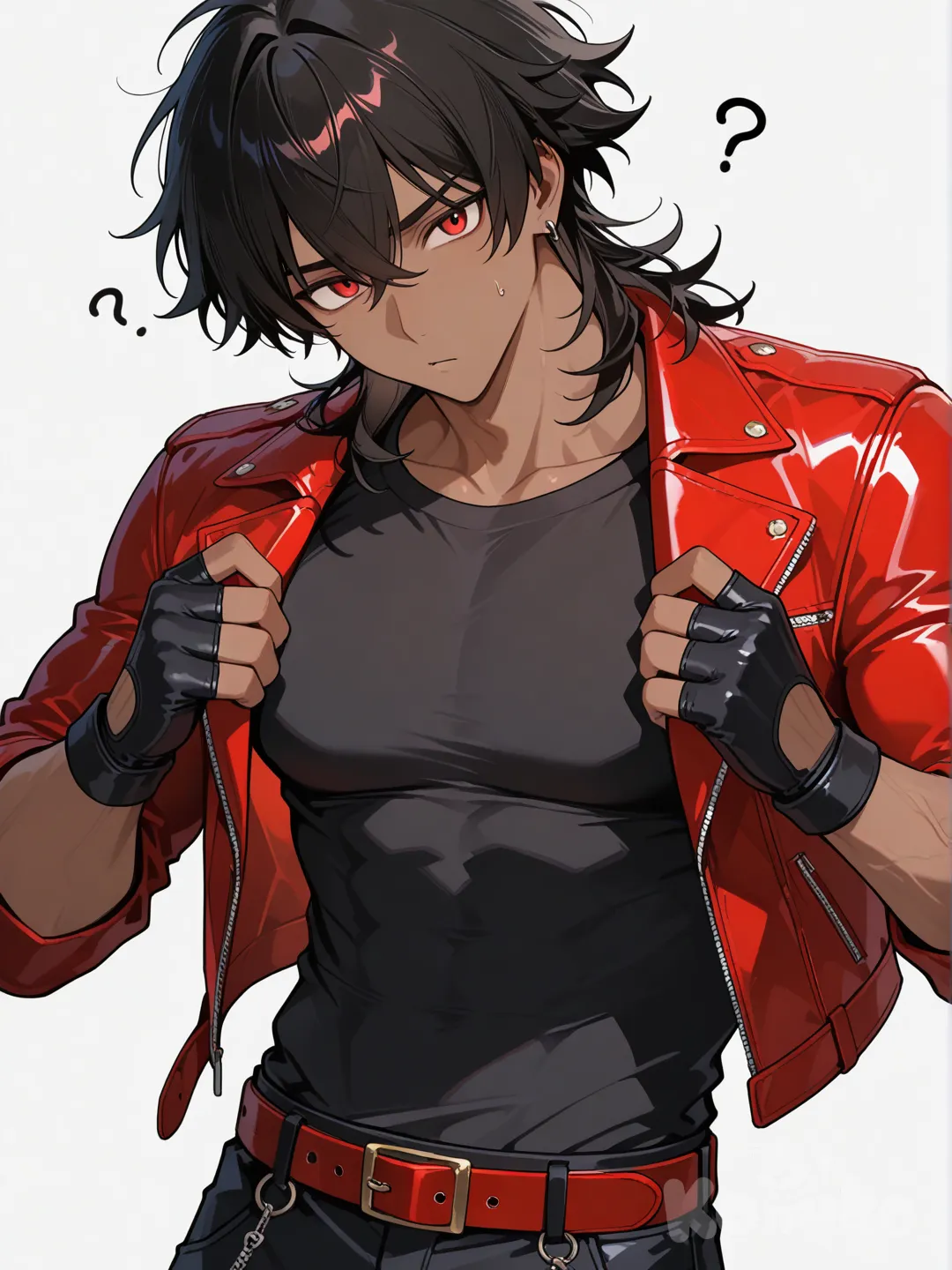 Male, medium black hair, dark skin, red eyes, muscular, muscular, red biker jacket, black undershirt, black jeans with red belt, black fingerless gloves, confused, head tilt, upper body