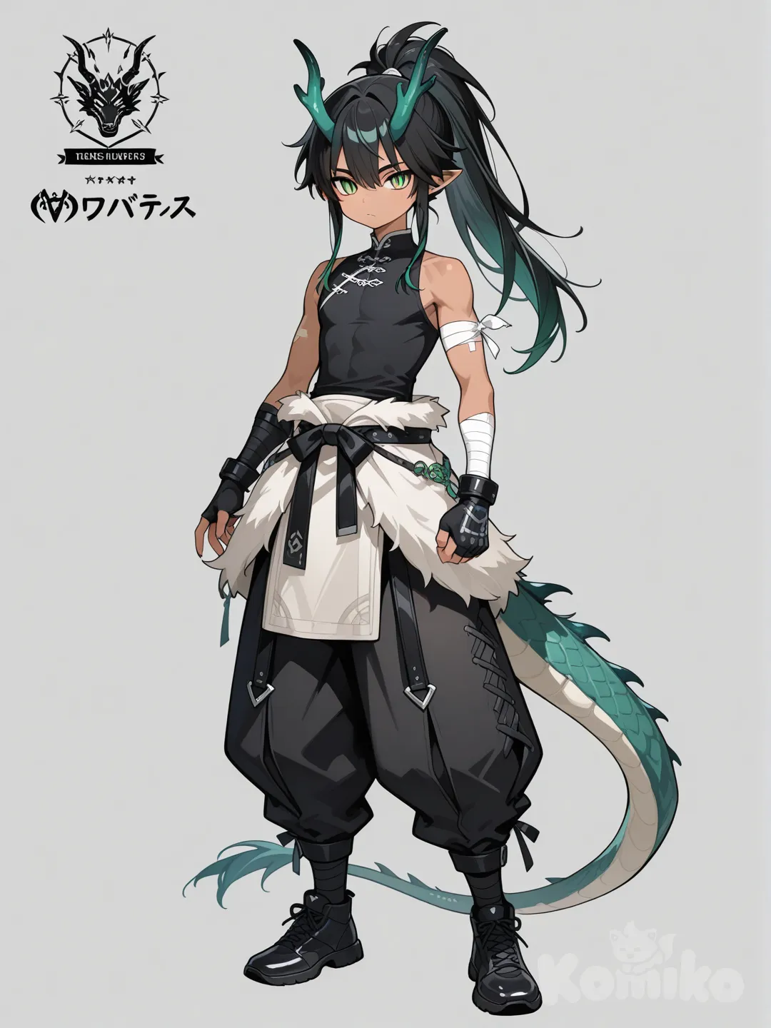 teen male, pointy ears, dragon horns, dragon tail, tan skin, green eyes, dragonic eyes, high ponytail, black sleeveless skin tight shirt, black baggy pants, claws, long black hair, white fur pelt around waist, upper body, arm bandages