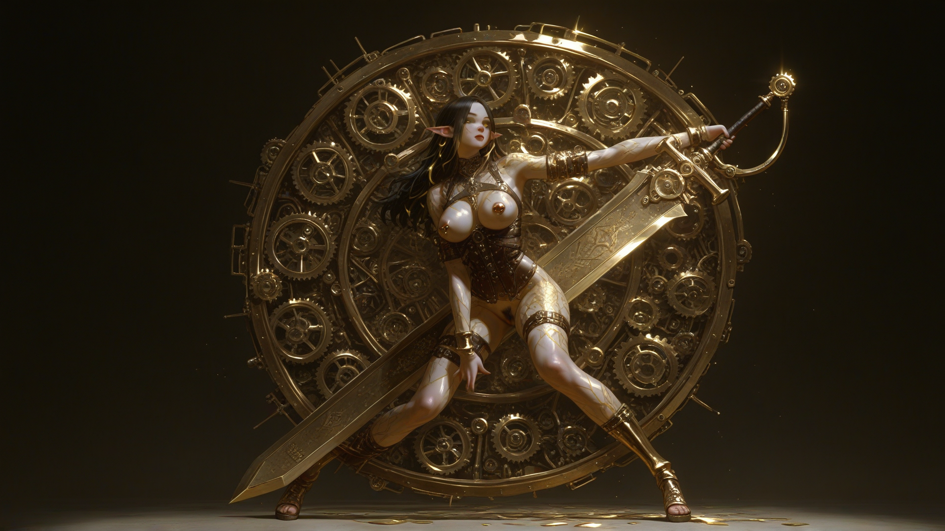 @vyironika-daniella-deveers-hMWJ create a wallpaper of this character. Add something sexy to the background with themes of clockwork. Put her in a more dynamic pose. Her metallic golden veins are showing clearly on her porcelain colored skin and face, the gold tattoos shining in the light, Ultra realista real life [sensual-glossy-style]