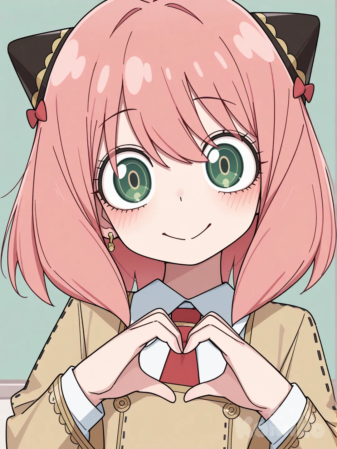 @Anya_(Spy_X_Family), [toon-shaded-style], heart hands, school uniform, lace, tie, bow, earrings, straight bangs