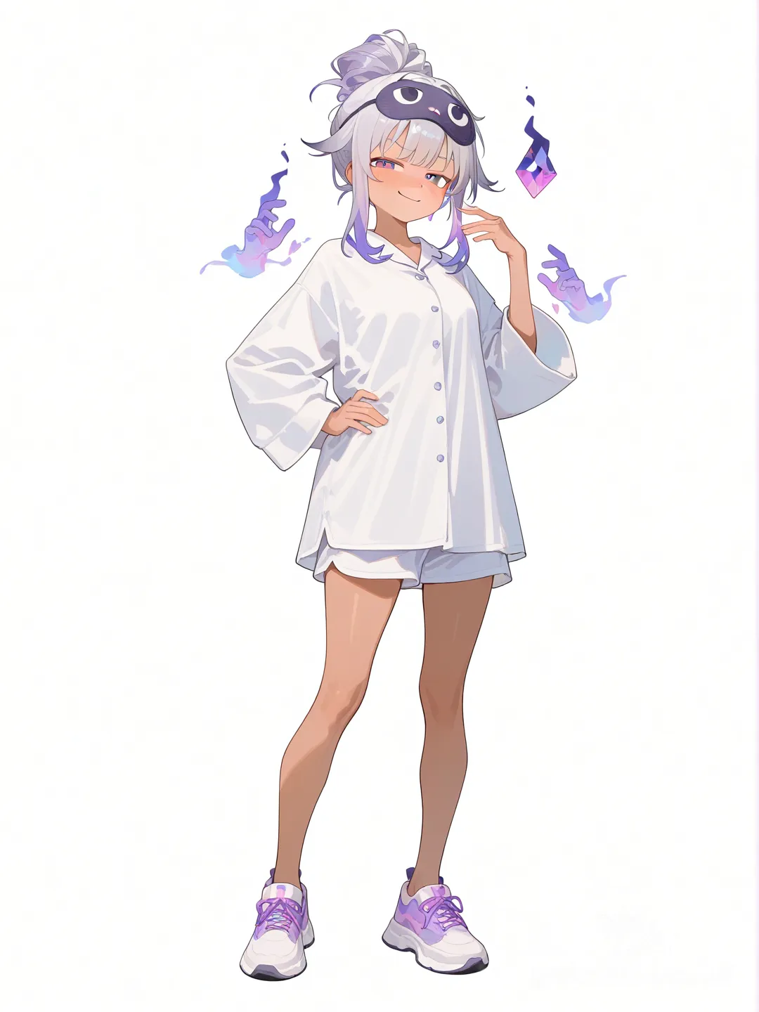 1girl , anthropomorphic, handsome, floppy_ears, red_eyes, smug_face, expressive_eyes, single character, full body, looking at viewer, anime style, simple background, white background , dark-skinned female , full body , [soft-shading-style] , koseki bijou, hololive, white ivory white, gradient, white pajamas , sleep mask, ghost pose, standing, updo