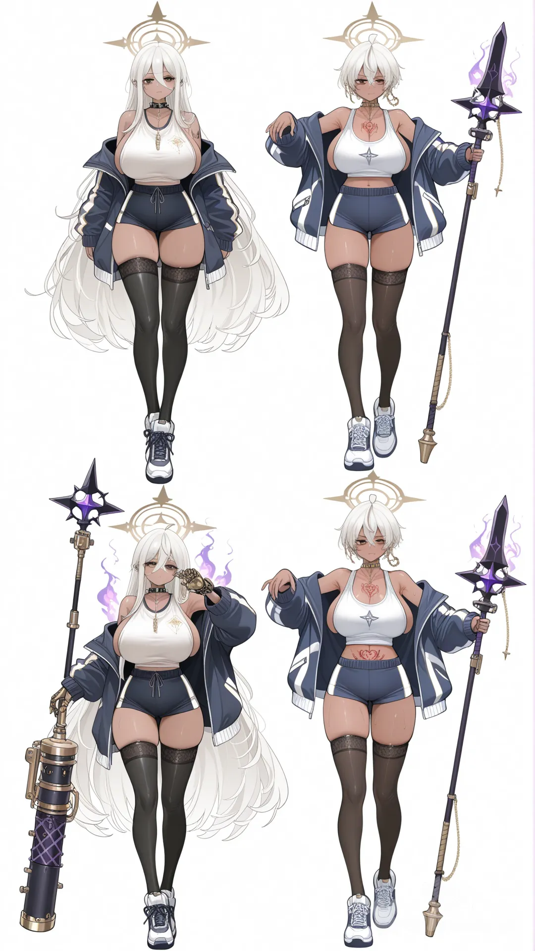 Create a character design sheet featuring a teenage anime-style female character wearing a steampunk open jacket , black thigh-high socks ,steampunk shoes , with an optional an accessory. Keep her hairstyle, facial features, and body proportions consistent with the original reference character. Include full-body front, side, and back views showing the updated steampunk open jacket , a close-up of the face with a neutral expression, labeled outfit detail sections for the steampunk open jacket , socks , shoes , a color palette for hair, skin, and uniform elements, and pose references including an idle stance and a light action pose such as walking with the steampunk robot arm. Style should be clean and professional anime with crisp line art and soft cel-shading on a neutral background, using even studio lighting and an organized reference-sheet layout., sideboob, expressionless , white hair, ghost pose, sportswear, tall female, milf , sweat , steampunk watch , chest tattoo, breast tattoo , steampunk robot leg , tattoo, pubic tattoo, red tattoo , white background , full hd , Beautiful face , tall girl , small face, fire aura effect , huge breasts , dark skin , Dark circles around the eyes , wear a steampunk collar , steampunk spear , Hachishaku sama , thunder effect aura , smelling clothes , gold chain , Women's crop tank top , upper body, full body , ui (blue archive) , presenting armpit, hasumi (track) (blue archive), studs, gradient, khaki , dark-skinned female, Women's jeans shorts , dishwasher1910, ohisashiburi, @La+_Darknesss_(1St_Costume)