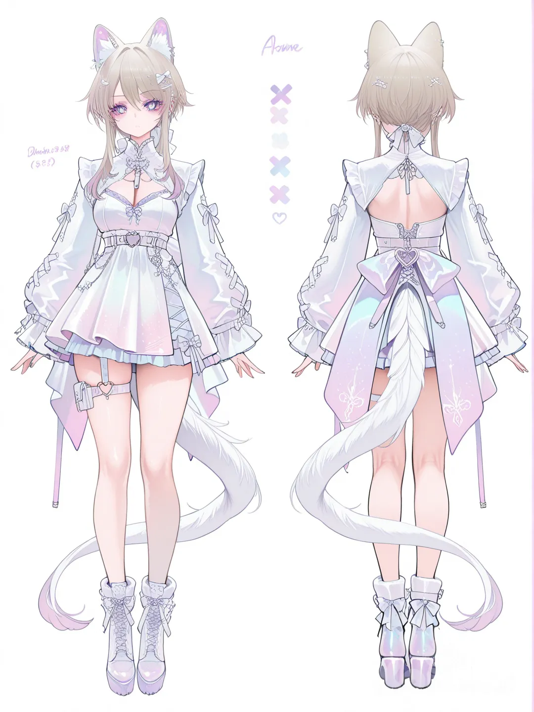 Create a character design sheet featuring a teenage anime-style female character , white tail , ohisashiburi , dishwasher1910