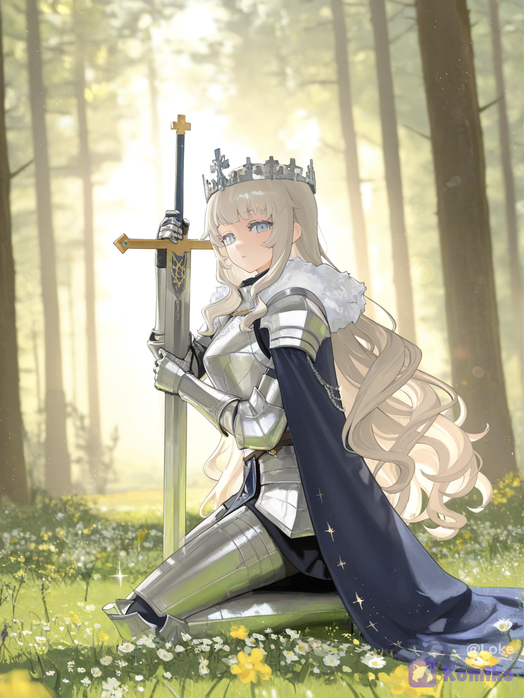 1girl, solo, female knight, knight, armored woman, silver armor, ornate armor, engraved armor, full plate armor, gauntlets, sword, longsword, holding sword, hands on sword, kneeling, kneeling pose, head bowed, prayer, solemn expression, contemplative, peaceful, noble, elegant, long hair, platinum blonde hair, silver hair, very long hair, wavy hair, curly hair, flowing hair, fair skin, delicate features, forest, meadow, flowers, wildflowers, grass, nature, woodland, sunlight, dappled sunlight, particles, floating dust, magical atmosphere, fantasy, high fantasy, medieval fantasy, holy knight, paladin, fairy tale aesthetic, ultra extremely cinematic composition, fantasy illustration, painterly rendering, oil painting style, semi-realistic, realistic textures, metal, intricate details, elegant design, golden lighting, warm lighting, soft lighting, cinematic lighting, volumetric lighting, god rays, rim lighting, ethereal glow, luminous atmosphere, dreamy lighting, soft glow, atmospheric perspective, HDR, depth of field, sharp focus, premium visual quality, breathtaking scenery, highly background, realistic reflections, reflective metal, shimmering armor, magical realism, [glossy-cubic-style]