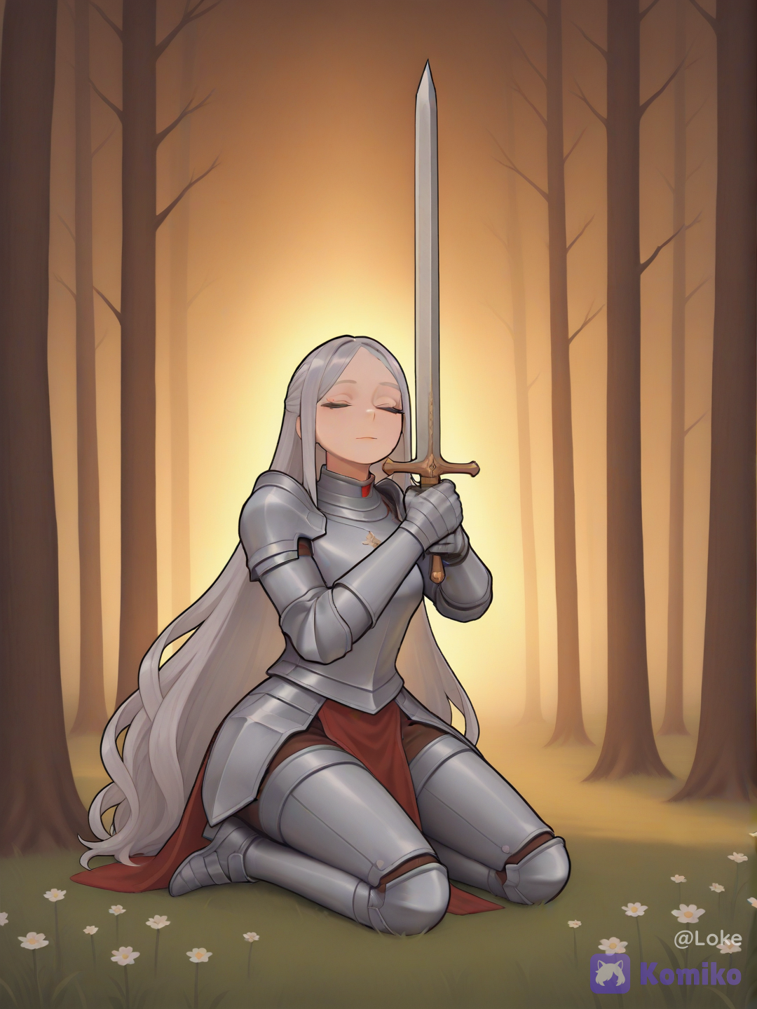 1girl, solo, female knight, knight, armored woman, silver armor, ornate armor, engraved armor, full plate armor, gauntlets, sword, longsword, holding sword, hands on sword, kneeling, kneeling pose, head bowed, prayer, solemn expression, contemplative, peaceful, noble, elegant, long hair, platinum blonde hair, silver hair, very long hair, wavy hair, curly hair, flowing hair, fair skin, delicate features, forest, meadow, flowers, wildflowers, grass, nature, woodland, sunlight, dappled sunlight, particles, floating dust, magical atmosphere, fantasy, high fantasy, medieval fantasy, holy knight, paladin, fairy tale aesthetic, ultra extremely cinematic composition, fantasy illustration, painterly rendering, oil painting style, semi-realistic, realistic textures, metal, intricate details, elegant design, golden lighting, warm lighting, soft lighting, cinematic lighting, volumetric lighting, god rays, rim lighting, ethereal glow, luminous atmosphere, dreamy lighting, soft glow, atmospheric perspective, HDR, depth of field, sharp focus, premium visual quality, breathtaking scenery, highly background, realistic reflections, reflective metal, shimmering armor, magical realism, [3d-anime-game-style]