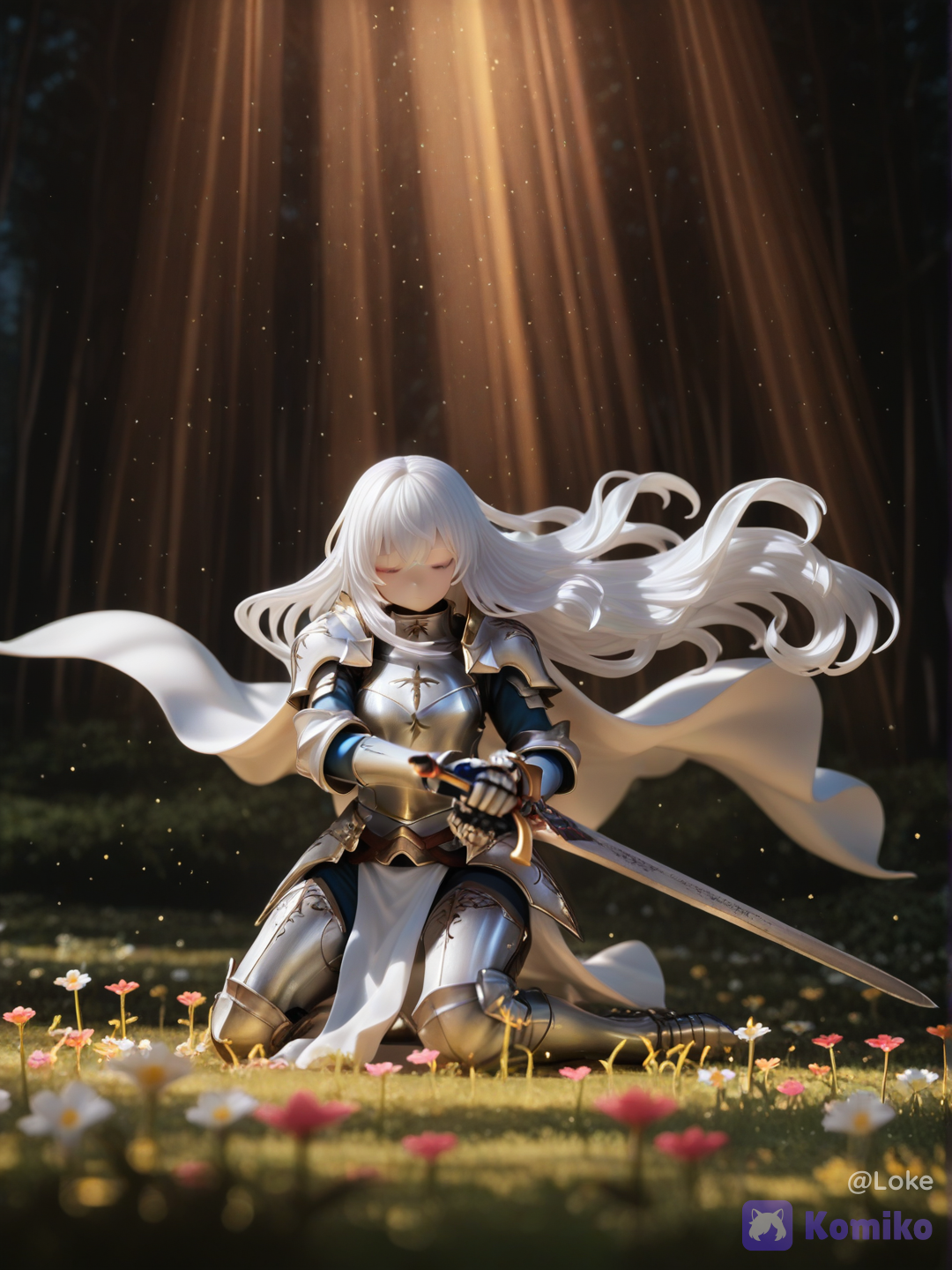 1girl, solo, female knight, knight, armored woman, silver armor, ornate armor, engraved armor, full plate armor, gauntlets, sword, longsword, holding sword, hands on sword, kneeling, kneeling pose, head bowed, prayer, solemn expression, contemplative, peaceful, noble, elegant, long hair, platinum blonde hair, silver hair, very long hair, wavy hair, curly hair, flowing hair, fair skin, delicate features, forest, meadow, flowers, wildflowers, grass, nature, woodland, sunlight, dappled sunlight, particles, floating dust, magical atmosphere, fantasy, high fantasy, medieval fantasy, holy knight, paladin, fairy tale aesthetic, ultra extremely cinematic composition, fantasy illustration, painterly rendering, oil painting style, semi-realistic, realistic textures, metal, intricate details, elegant design, golden lighting, warm lighting, soft lighting, cinematic lighting, volumetric lighting, god rays, rim lighting, ethereal glow, luminous atmosphere, dreamy lighting, soft glow, atmospheric perspective, HDR, depth of field, sharp focus, premium visual quality, breathtaking scenery, highly background, realistic reflections, reflective metal, shimmering armor, magical realism, [glossy-figurine-style]