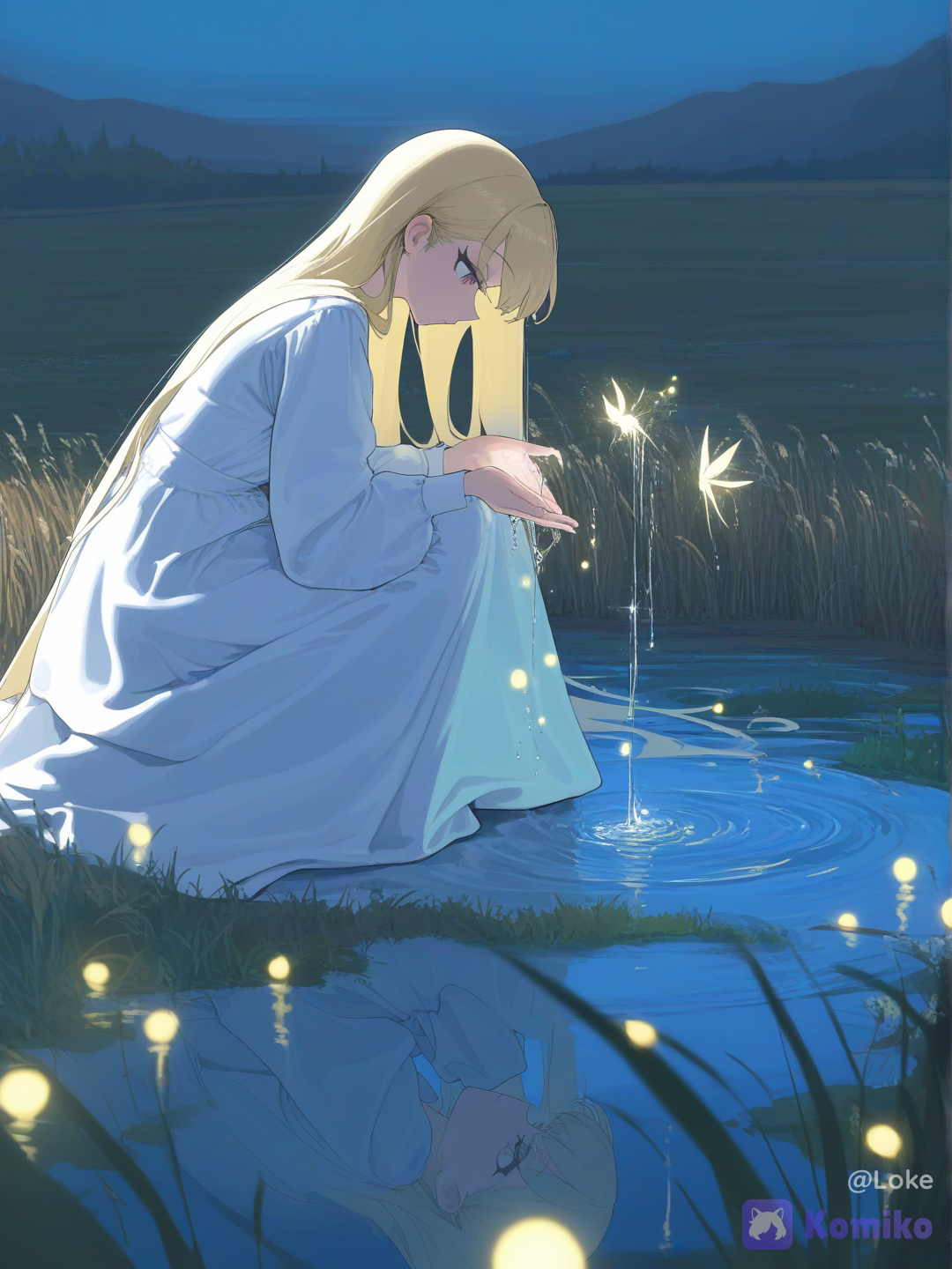 1girl, solo, young woman, beautiful girl, long hair, blonde hair, platinum blonde hair, flowing hair, fair skin, delicate features, white dress, long dress, flowing dress, loose sleeves, elegant clothing, barefoot, kneeling, crouching, waterside, pond, touching water, cupped hands, water dripping, reflection, looking down, side profile, peaceful expression, contemplative, melancholic, serene, lake, pond, flowers, wildflowers, grass, reeds, nature, garden, twilight, evening, night, magical scenery, fairy tale, fantasy, dreamlike, ethereal atmosphere, enchanted garden, magical realism, romantic fantasy, anime style, painterly rendering, soft brushwork, semi-realistic, fantasy illustration, highly golden lighting, backlighting, cinematic lighting, volumetric lighting, rim lighting, luminous glow, soft glow, bloom, subsurface scattering, god rays, sparkling water, glowing droplets, reflective water, water ripples, floating particles, fireflies, bokeh, glittering highlights, pastel colors, warm and cool contrast, dreamy colors, atmospheric perspective, depth of field, HDR, ultra premium quality, professional artwork, breathtaking scenery, [vibrant-anime-style]