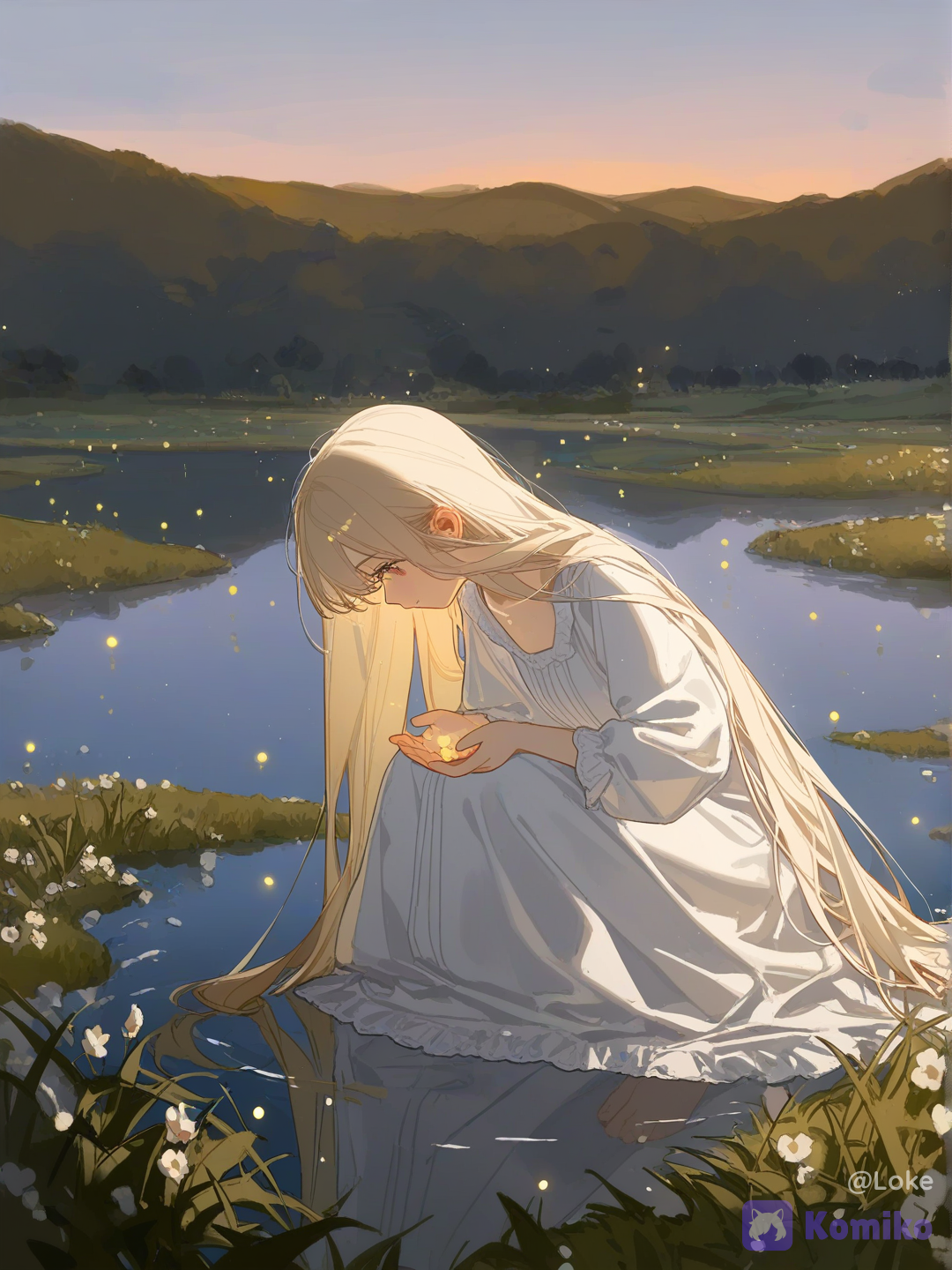 1girl, solo, young woman, beautiful girl, long hair, blonde hair, platinum blonde hair, flowing hair, fair skin, delicate features, white dress, long dress, flowing dress, loose sleeves, elegant clothing, barefoot, kneeling, crouching, waterside, pond, touching water, cupped hands, water dripping, reflection, looking down, side profile, peaceful expression, contemplative, melancholic, serene, lake, pond, flowers, wildflowers, grass, reeds, nature, garden, twilight, evening, night, magical scenery, fairy tale, fantasy, dreamlike, ethereal atmosphere, enchanted garden, magical realism, romantic fantasy, anime style, painterly rendering, soft brushwork, semi-realistic, fantasy illustration, highly golden lighting, backlighting, cinematic lighting, volumetric lighting, rim lighting, luminous glow, soft glow, bloom, subsurface scattering, god rays, sparkling water, glowing droplets, reflective water, water ripples, floating particles, fireflies, bokeh, glittering highlights, pastel colors, warm and cool contrast, dreamy colors, atmospheric perspective, depth of field, HDR, ultra premium quality, professional artwork, breathtaking scenery, [lacquered-illustration-style]