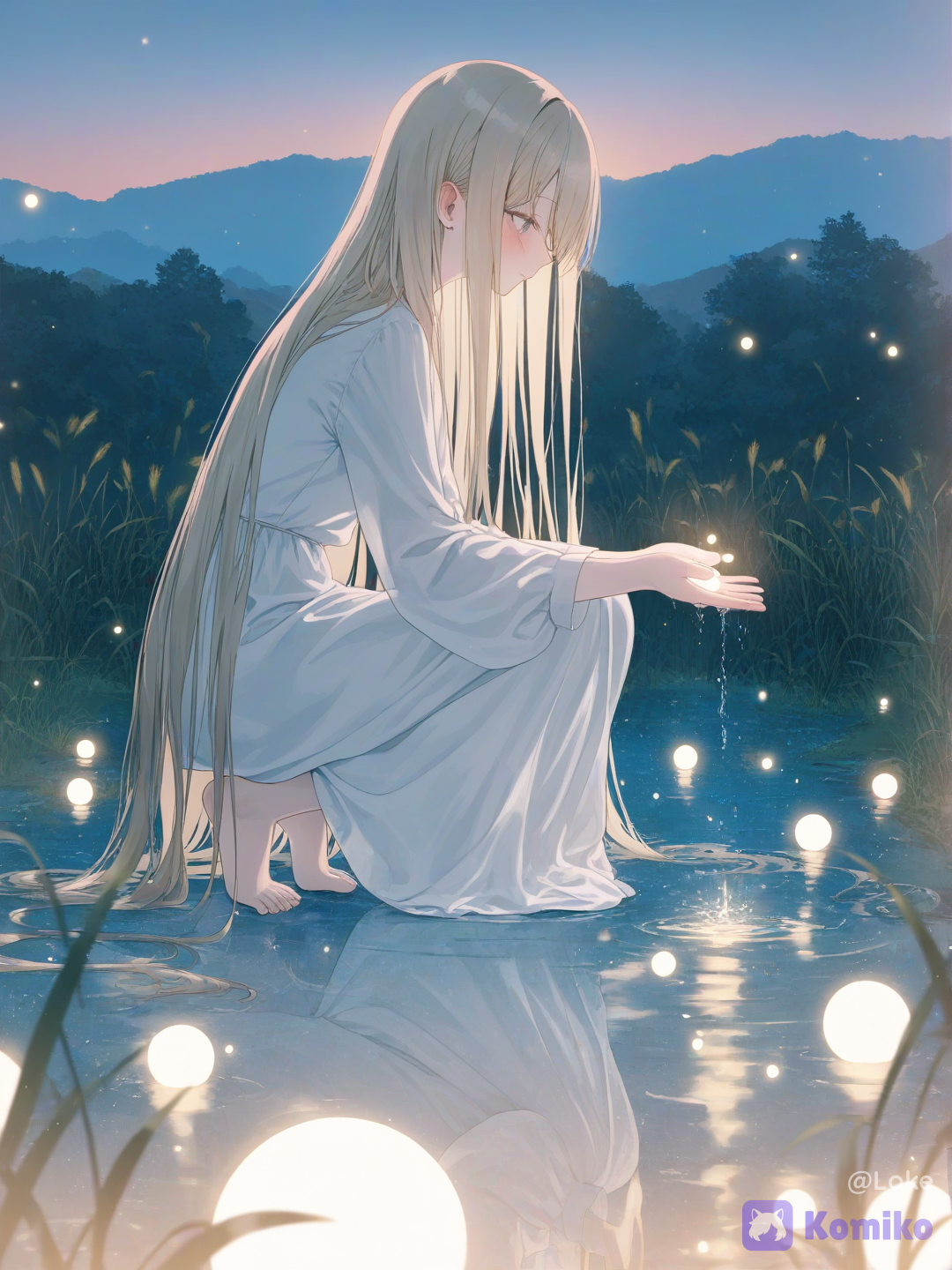 1girl, solo, young woman, beautiful girl, long hair, blonde hair, platinum blonde hair, flowing hair, fair skin, delicate features, white dress, long dress, flowing dress, loose sleeves, elegant clothing, barefoot, kneeling, crouching, waterside, pond, touching water, cupped hands, water dripping, reflection, looking down, side profile, peaceful expression, contemplative, melancholic, serene, lake, pond, flowers, wildflowers, grass, reeds, nature, garden, twilight, evening, night, magical scenery, fairy tale, fantasy, dreamlike, ethereal atmosphere, enchanted garden, magical realism, romantic fantasy, anime style, painterly rendering, soft brushwork, semi-realistic, fantasy illustration, highly golden lighting, backlighting, cinematic lighting, volumetric lighting, rim lighting, luminous glow, soft glow, bloom, subsurface scattering, god rays, sparkling water, glowing droplets, reflective water, water ripples, floating particles, fireflies, bokeh, glittering highlights, pastel colors, warm and cool contrast, dreamy colors, atmospheric perspective, depth of field, HDR, ultra premium quality, professional artwork, breathtaking scenery, [soft-pastel-style]