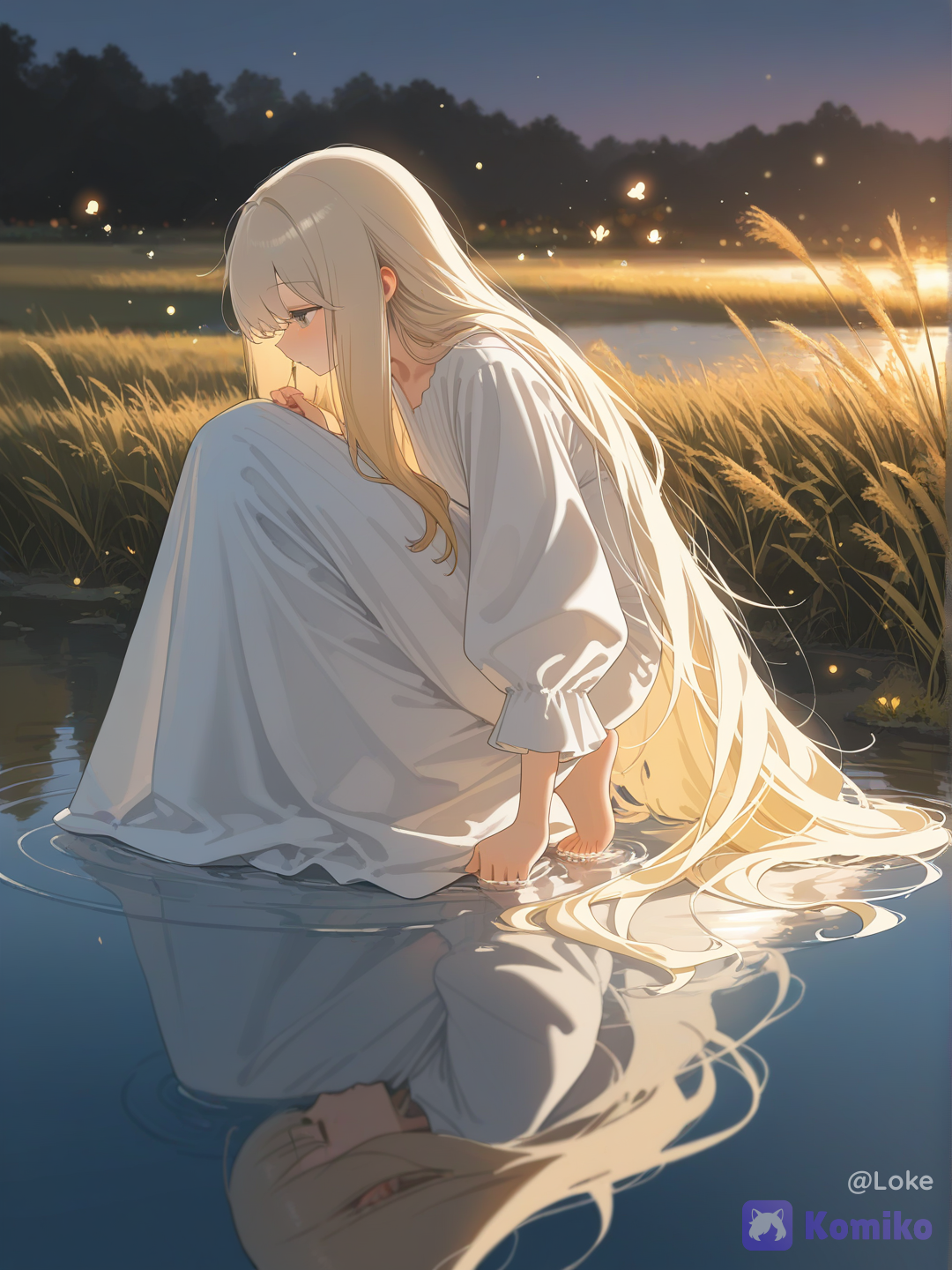 1girl, solo, young woman, beautiful girl, long hair, blonde hair, platinum blonde hair, flowing hair, fair skin, delicate features, white dress, long dress, flowing dress, loose sleeves, elegant clothing, barefoot, kneeling, crouching, waterside, pond, touching water, cupped hands, water dripping, reflection, looking down, side profile, peaceful expression, contemplative, melancholic, serene, lake, pond, flowers, wildflowers, grass, reeds, nature, garden, twilight, evening, night, magical scenery, fairy tale, fantasy, dreamlike, ethereal atmosphere, enchanted garden, magical realism, romantic fantasy, anime style, painterly rendering, soft brushwork, semi-realistic, fantasy illustration, highly golden lighting, backlighting, cinematic lighting, volumetric lighting, rim lighting, luminous glow, soft glow, bloom, subsurface scattering, god rays, sparkling water, glowing droplets, reflective water, water ripples, floating particles, fireflies, bokeh, glittering highlights, pastel colors, warm and cool contrast, dreamy colors, atmospheric perspective, depth of field, HDR, ultra premium quality, professional artwork, breathtaking scenery, [crystal-edge-style]