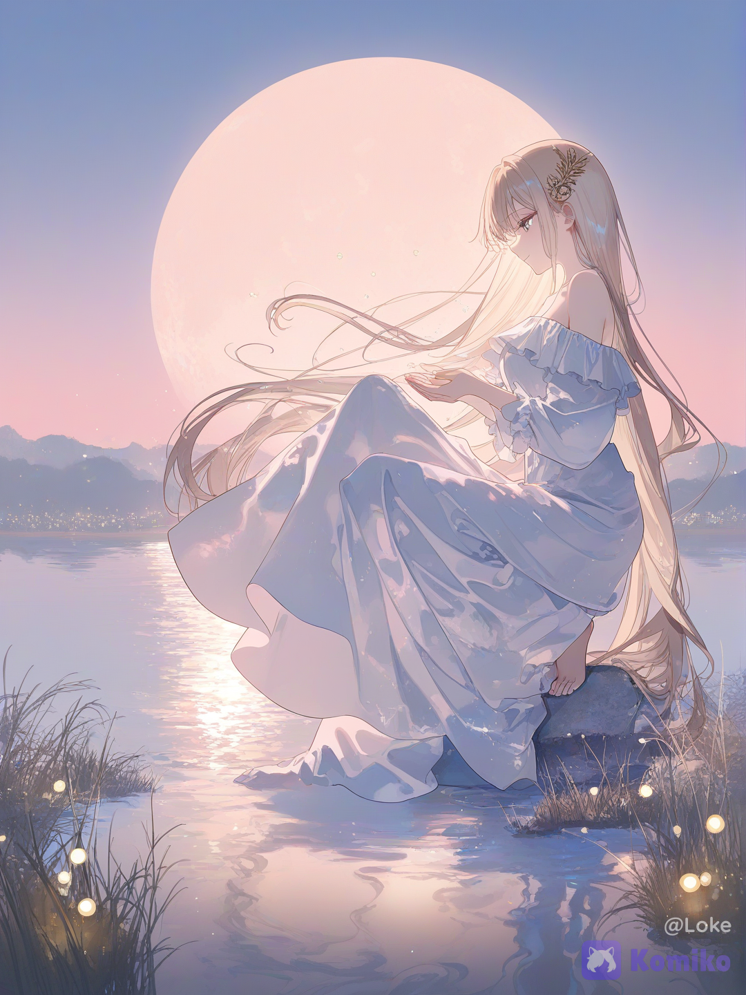 1girl, solo, young woman, beautiful girl, long hair, blonde hair, platinum blonde hair, flowing hair, fair skin, delicate features, white dress, long dress, flowing dress, loose sleeves, elegant clothing, barefoot, kneeling, crouching, waterside, pond, touching water, cupped hands, water dripping, reflection, looking down, side profile, peaceful expression, contemplative, melancholic, serene, lake, pond, flowers, wildflowers, grass, reeds, nature, garden, twilight, evening, night, magical scenery, fairy tale, fantasy, dreamlike, ethereal atmosphere, enchanted garden, magical realism, romantic fantasy, anime style, painterly rendering, soft brushwork, semi-realistic, fantasy illustration, highly golden lighting, backlighting, cinematic lighting, volumetric lighting, rim lighting, luminous glow, soft glow, bloom, subsurface scattering, god rays, sparkling water, glowing droplets, reflective water, water ripples, floating particles, fireflies, bokeh, glittering highlights, pastel colors, warm and cool contrast, dreamy colors, atmospheric perspective, depth of field, HDR, ultra premium quality, professional artwork, breathtaking scenery, [iridescent-style]