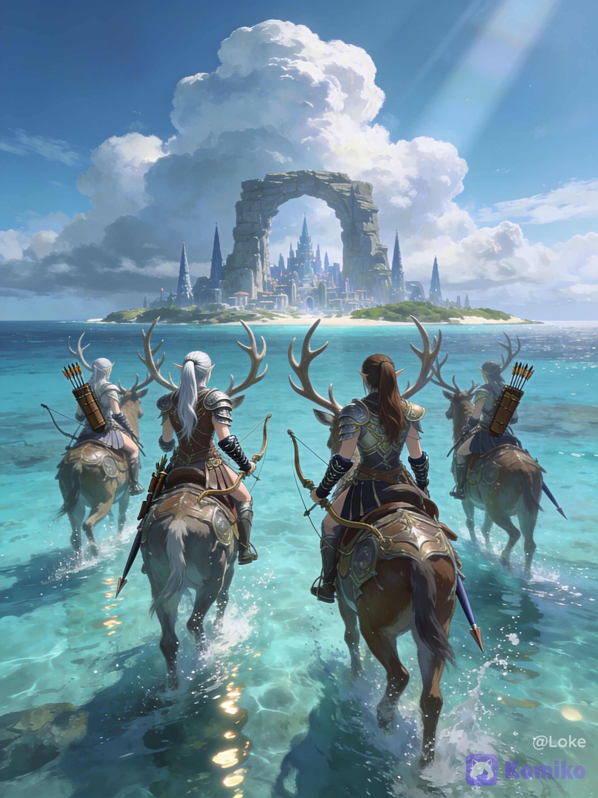 4girls, female focus, amazon warriors, elven warriors, fantasy riders, group, riding giant deer, giant stag, antlers, armored deer, fantasy mount, mounted archers, bows, quivers, arrows, spears, leather armor, shoulder armor, pauldrons, gauntlets, armored skirt, ponytail, long hair, silver hair, brown hair, from behind, back view, looking toward horizon, traveling, expedition, crossing shallow sea, crystal clear water, turquoise water, splashing water, water reflections, coastal lagoon, ocean, distant island, fantasy city, towering spires, impossible architecture, giant stone arch, ancient civilization, lost kingdom, horizon, vast landscape, colossal scale, blue sky, towering cumulus clouds, dramatic clouds, atmospheric perspective, cinematic composition, wide shot, panoramic view, environmental storytelling, epic fantasy, adventure, exploration, mythical world, serene atmosphere, painterly style, fantasy illustration, oil painting, soft brushstrokes, natural lighting, volumetric lighting, god rays, soft shadows, HDR, realistic water, reflections, intricate armor, highly mounts, absurdres, ultra extremely professional artwork, premium visual quality, anime realism, semi-realistic, artstation quality