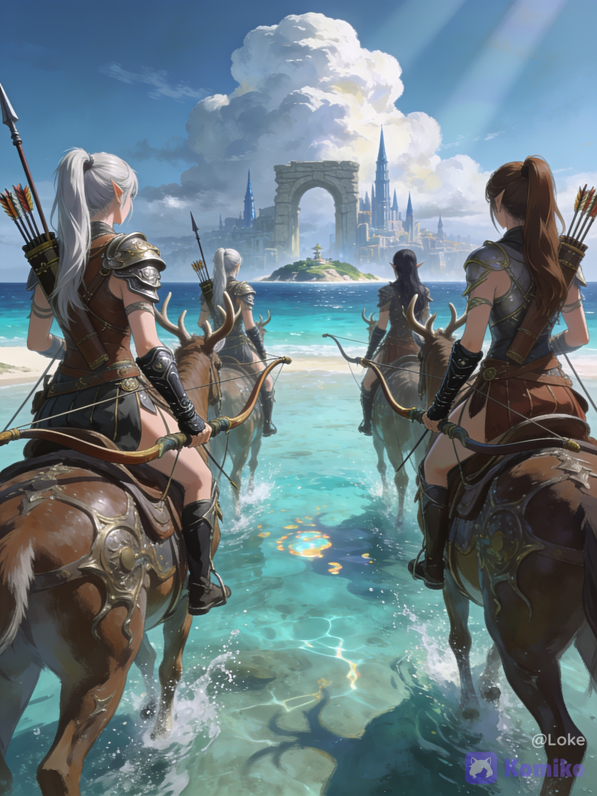 4girls, female focus, amazon warriors, elven warriors, fantasy riders, group, riding giant deer, giant stag, antlers, armored deer, fantasy mount, mounted archers, bows, quivers, arrows, spears, leather armor, shoulder armor, pauldrons, gauntlets, armored skirt, ponytail, long hair, silver hair, brown hair, from behind, back view, looking toward horizon, traveling, expedition, crossing shallow sea, crystal clear water, turquoise water, splashing water, water reflections, coastal lagoon, ocean, distant island, fantasy city, towering spires, impossible architecture, giant stone arch, ancient civilization, lost kingdom, horizon, vast landscape, colossal scale, blue sky, towering cumulus clouds, dramatic clouds, atmospheric perspective, cinematic composition, wide shot, panoramic view, environmental storytelling, epic fantasy, adventure, exploration, mythical world, serene atmosphere, painterly style, fantasy illustration, oil painting, soft brushstrokes, natural lighting, volumetric lighting, god rays, soft shadows, HDR, realistic water, reflections, intricate armor, highly mounts, absurdres, ultra extremely professional artwork, premium visual quality, anime realism, semi-realistic, artstation quality, [semi-realistic-portrait-style]