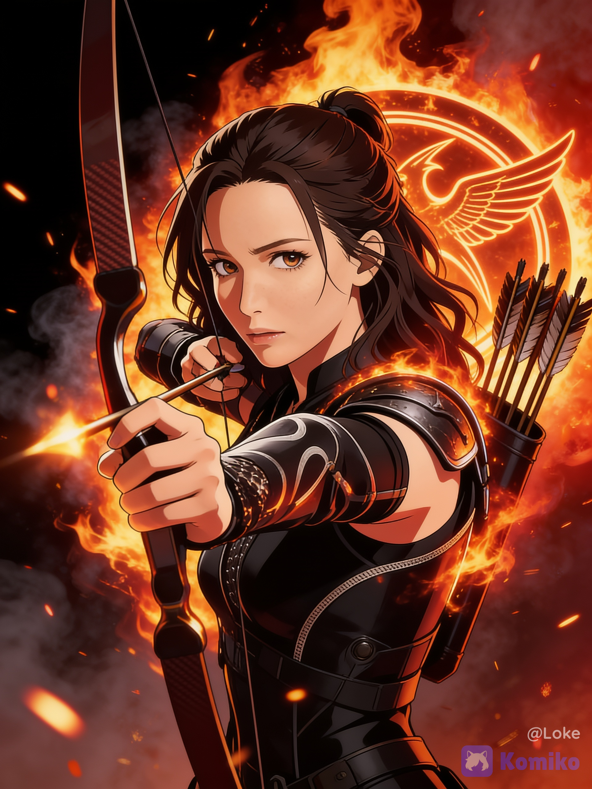 1girl, solo, female archer, long dark brown hair, wavy hair, half-up hairstyle, determined expression, serious face, looking at viewer, aiming at viewer, drawing bow, recurve bow, arrow nocked, extended arm, combat stance, upper body, black tactical armor, leather armor, armored bracers, fitted combat suit, shoulder guard, finger tab, quiver, feathered arrows, heroic pose, fearless, action scene, flames, fire, burning embers, smoke, inferno, fiery aura, blazing background, orange glow, red glow, black background, mockingjay-inspired emblem, circular emblem behind character, wings motif, dramatic composition, cinematic angle, intense atmosphere, dynamic perspective, high contrast, rim lighting, cinematic lighting, volumetric lighting, glowing embers, soft smoke, realistic fire, weapon, armor, realistic skin texture, realistic eyes, realistic hair strands, ultra face, absurdres, ultra extremely anime realism, semi-realistic, professional artwork, premium visual quality, epic fantasy, dystopian aesthetic, movie poster composition